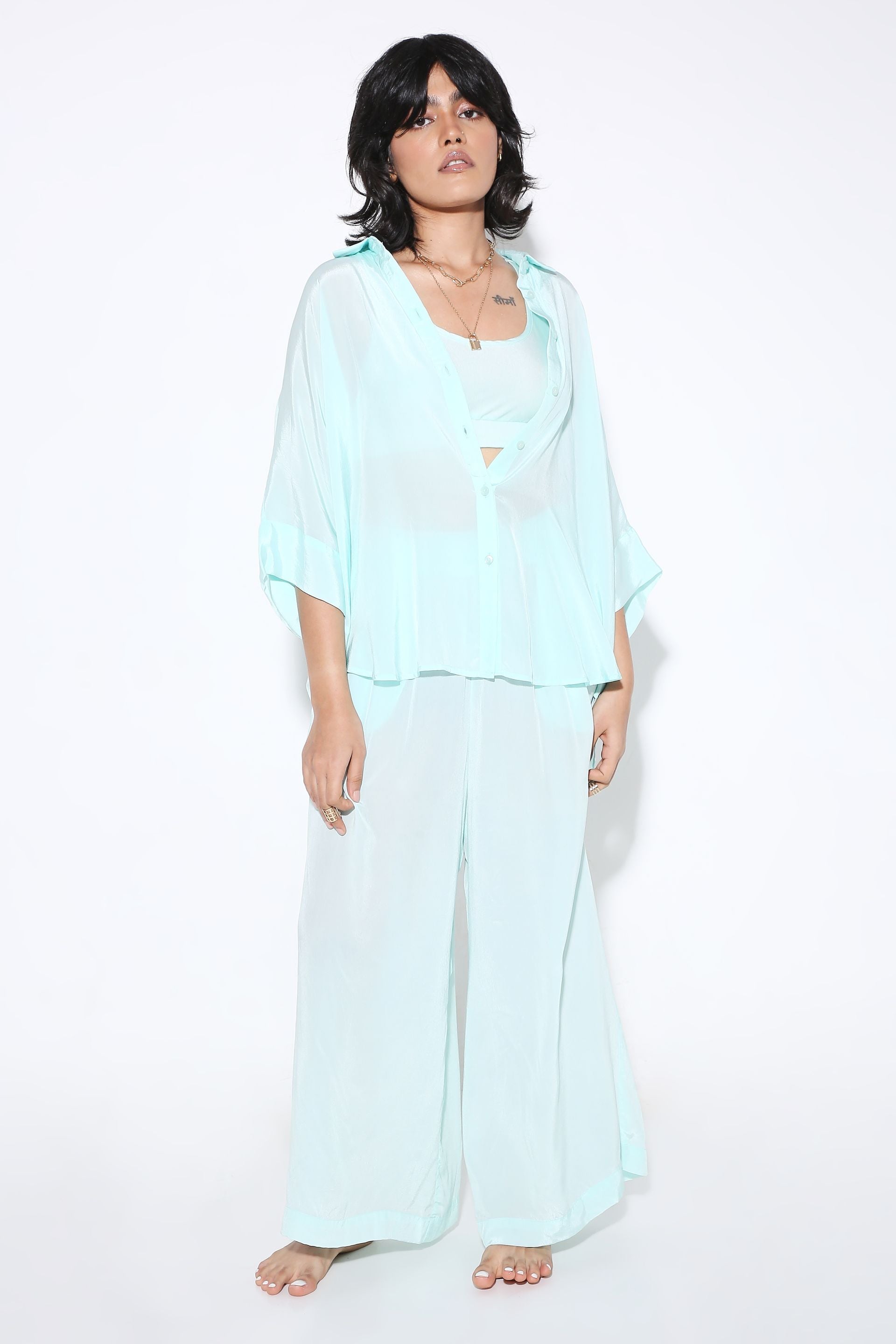 Relaxed fit Long Shirt and Relaxed Fit Pants Solid Color-Coord Set - Monokrom