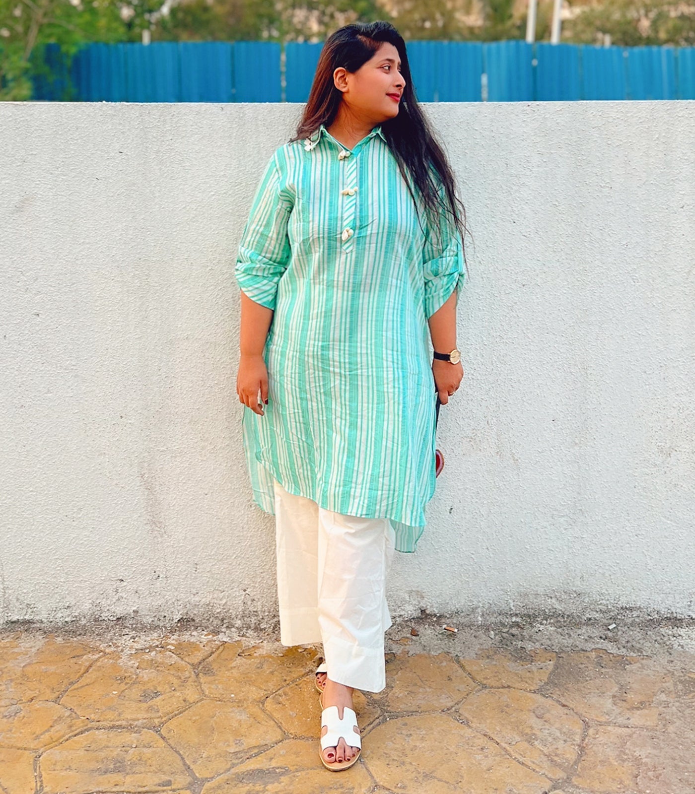 Teal Blue stripes kurta