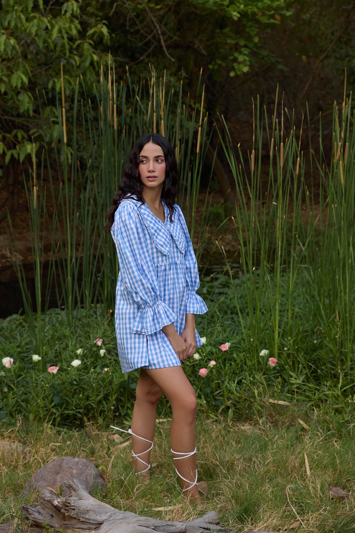 Blue Checked Flared Mini Dress