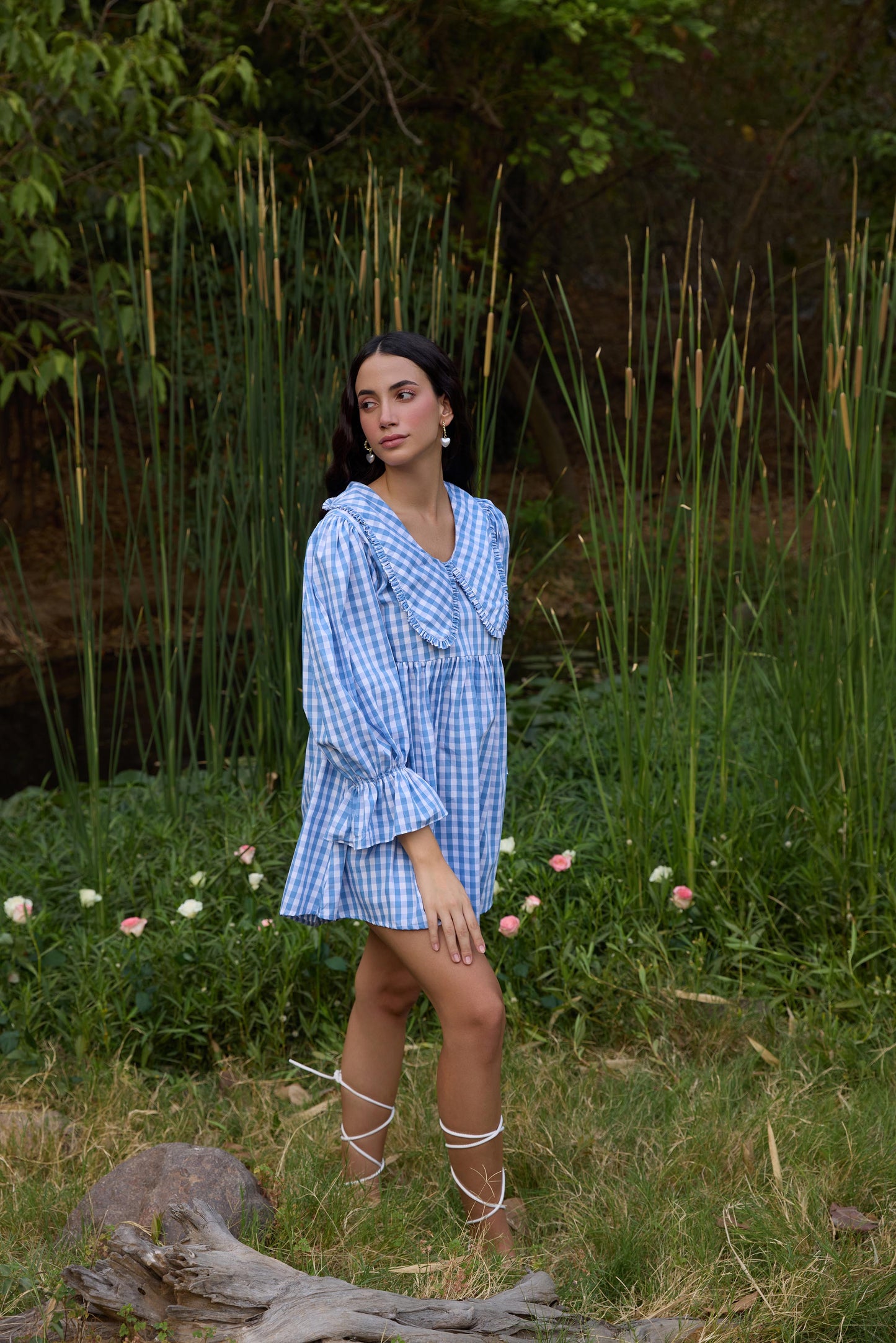 Blue Checked Flared Mini Dress