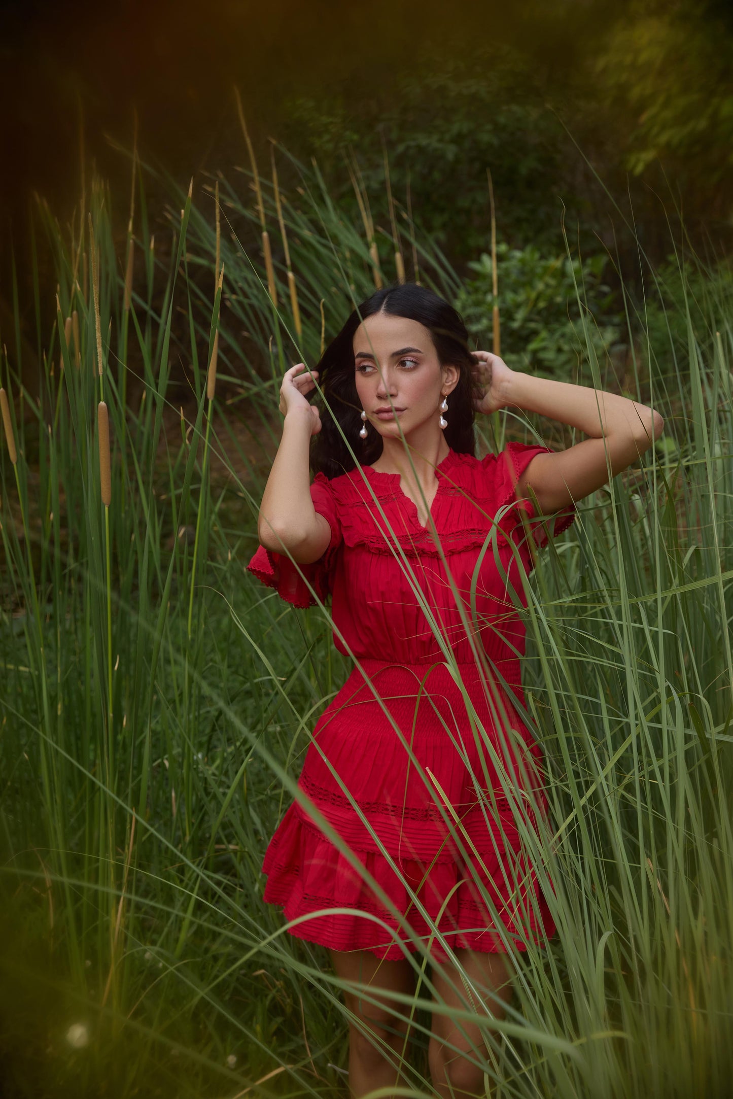 Red Smocked-Waist Mini Dress