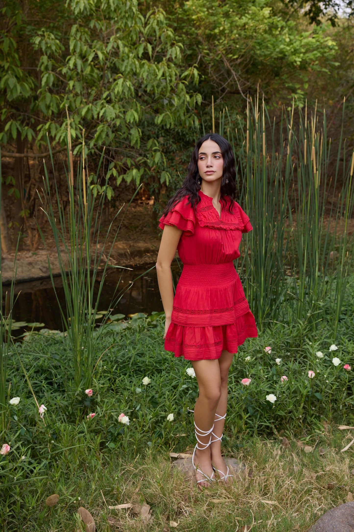 Red Smocked-Waist Mini Dress