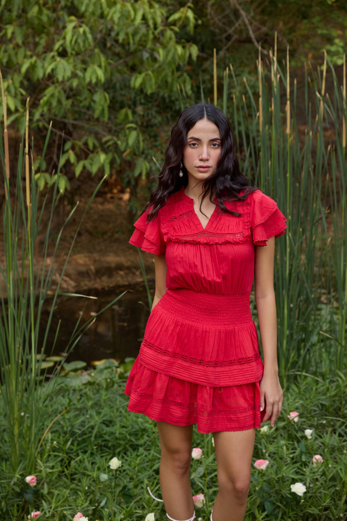 Red Smocked-Waist Mini Dress