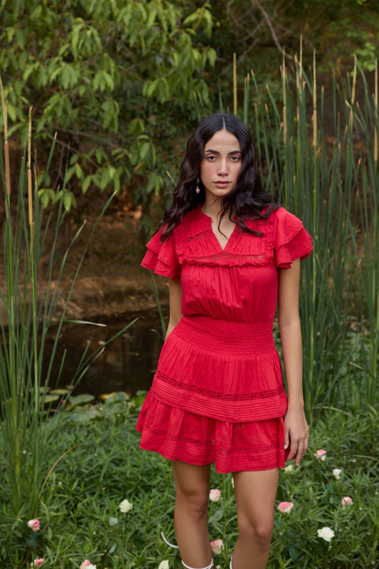 Red Smocked-Waist Mini Dress