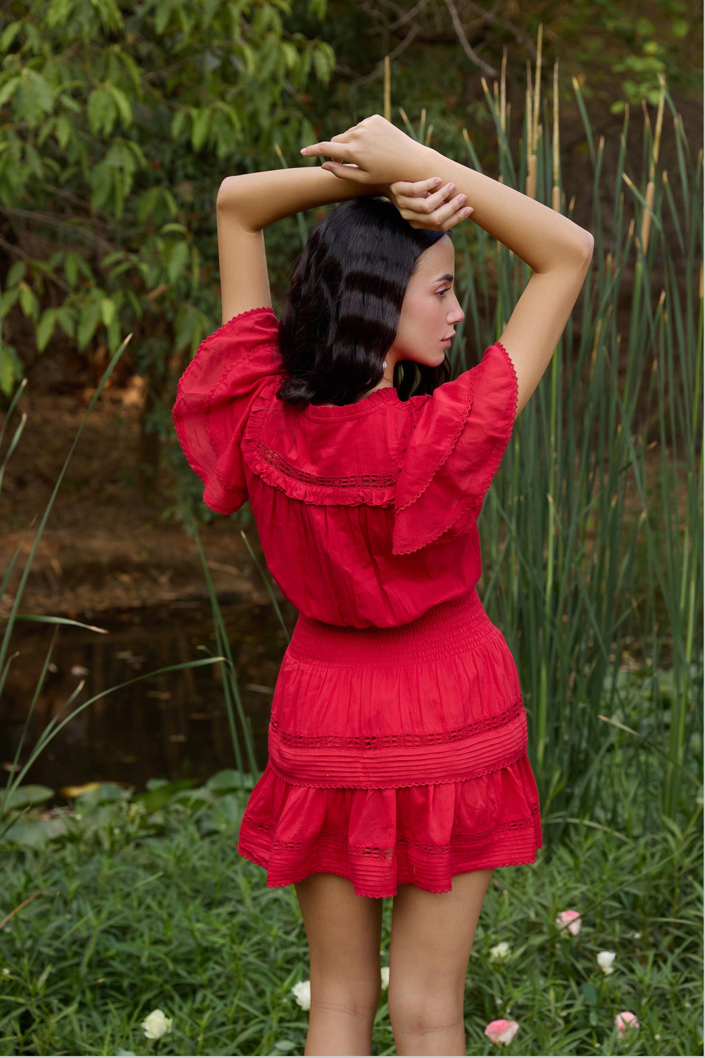 Red Smocked-Waist Mini Dress