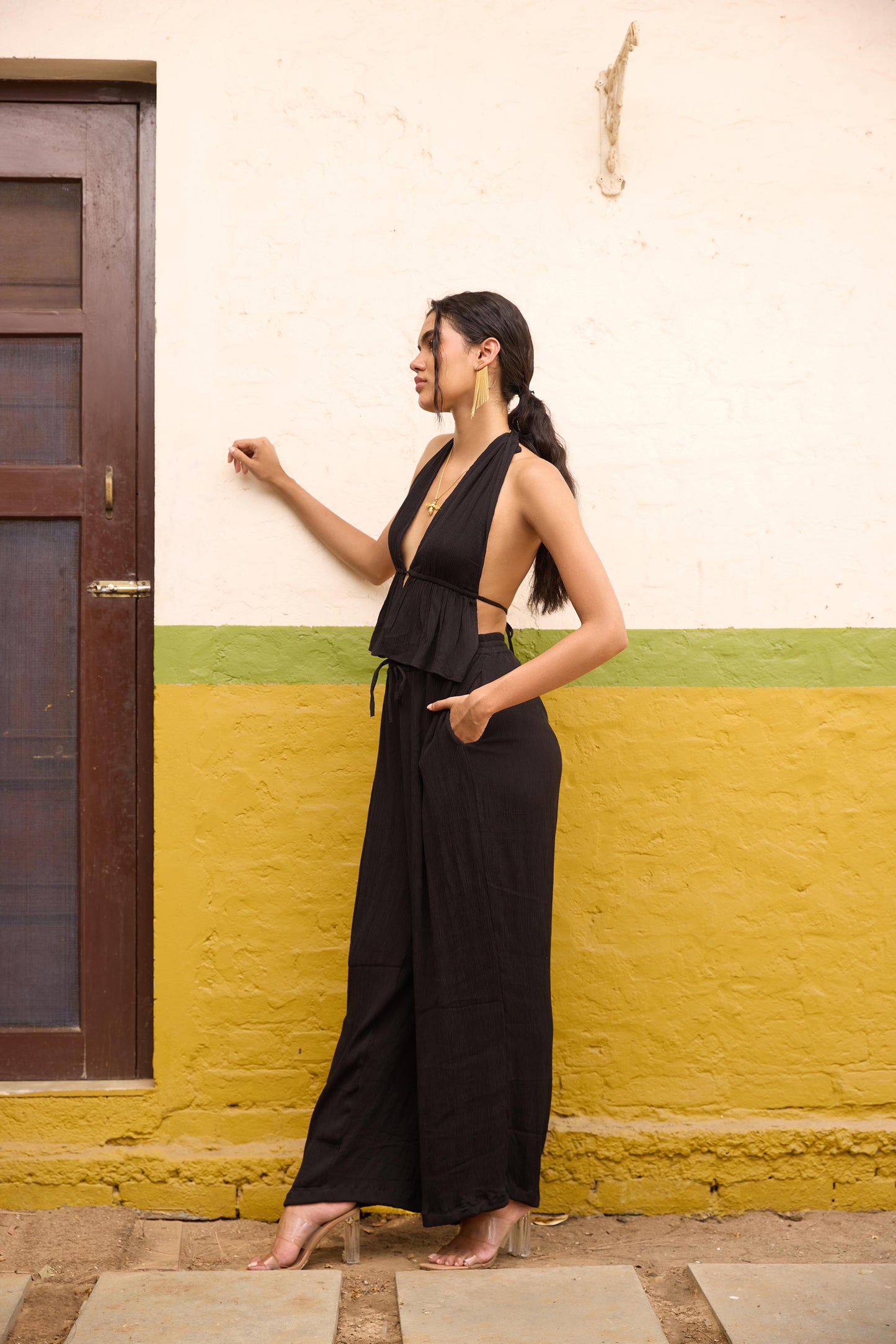 Black Halter Neck Top and Straight Trouser Set