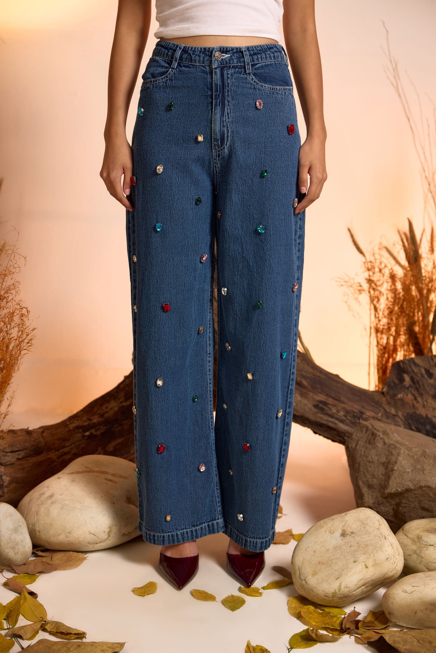 Crystal Studded Denim Shirt & Jeans Set