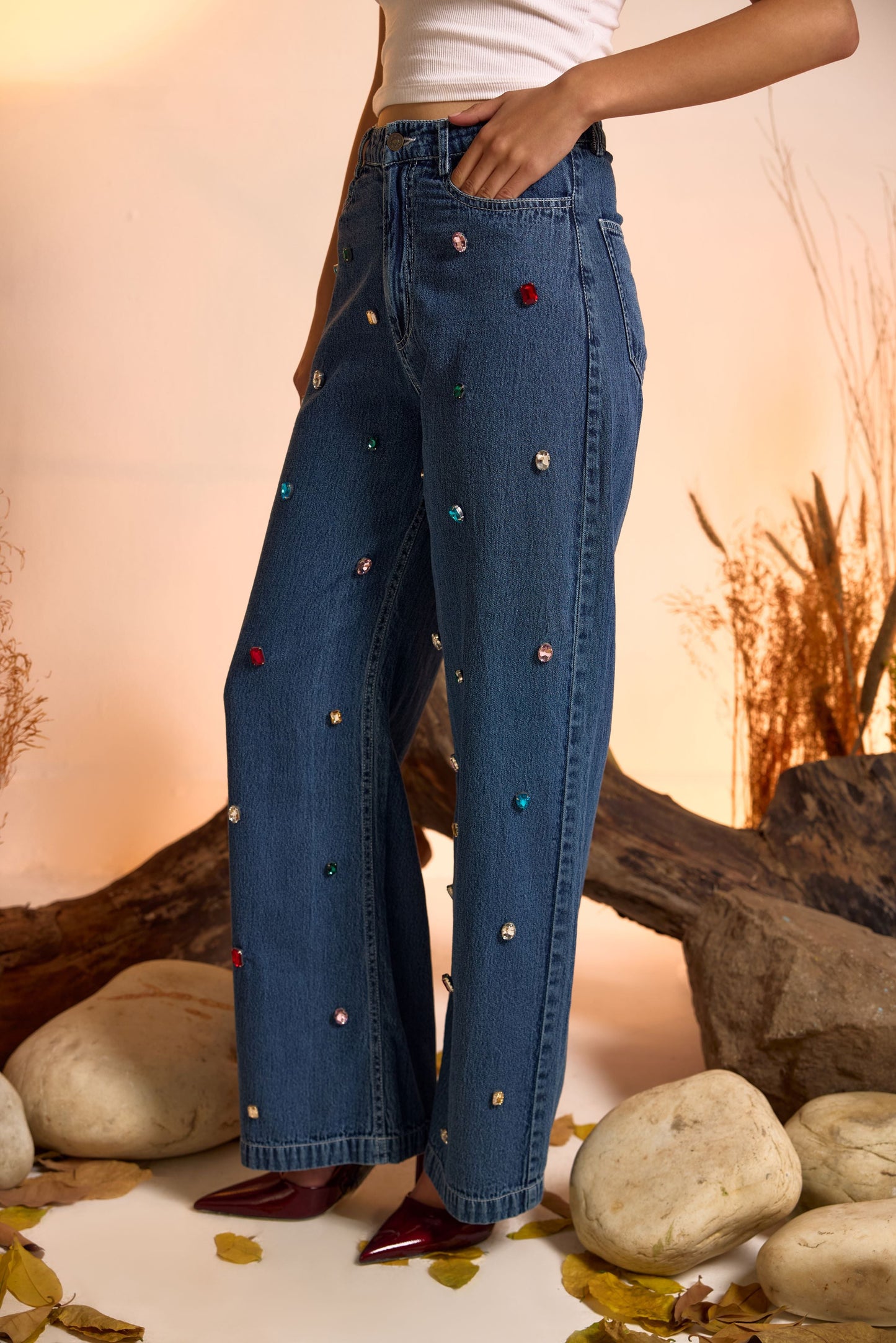Crystal Studded Denim Shirt & Jeans Set