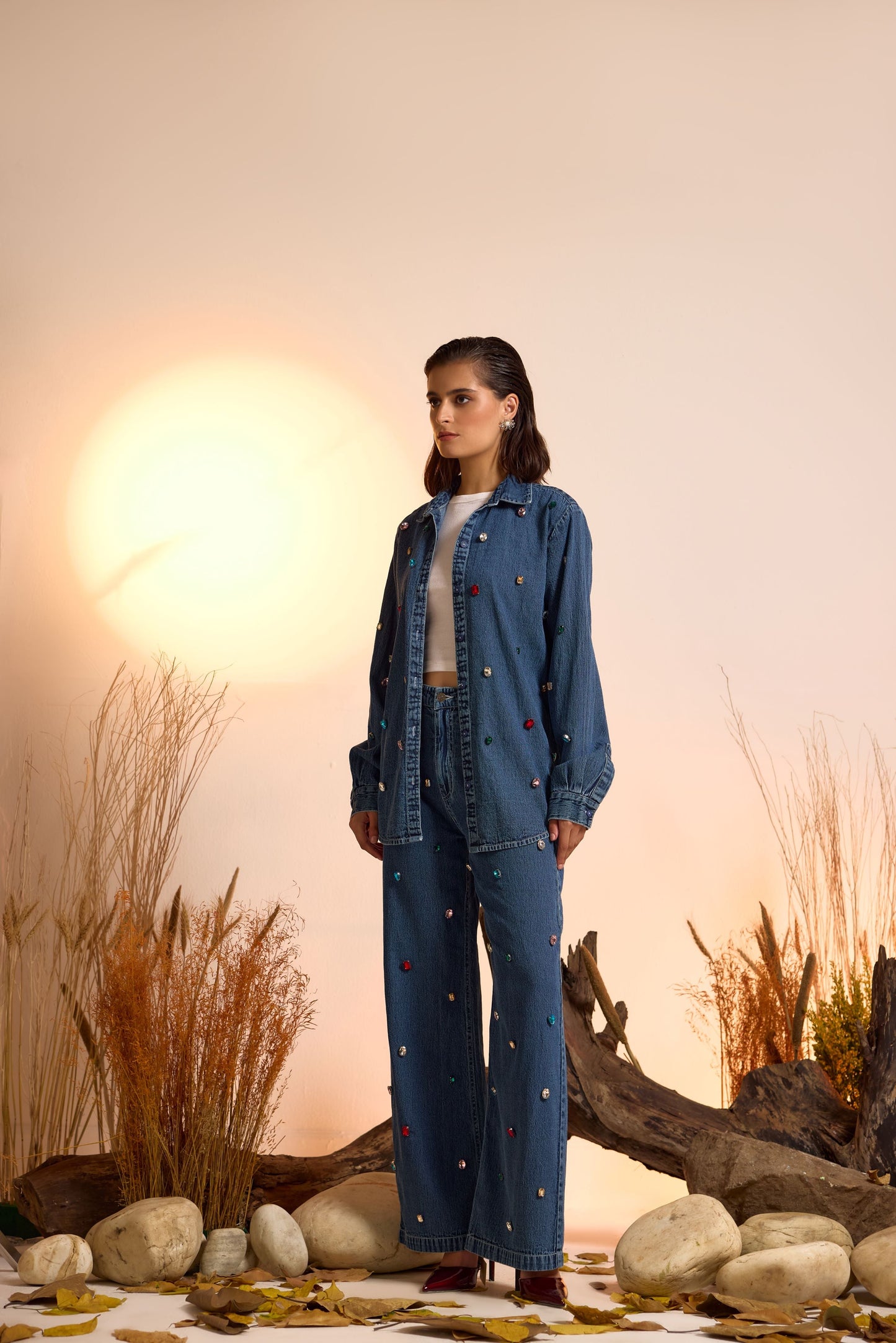 Crystal Studded Denim Shirt & Jeans Set