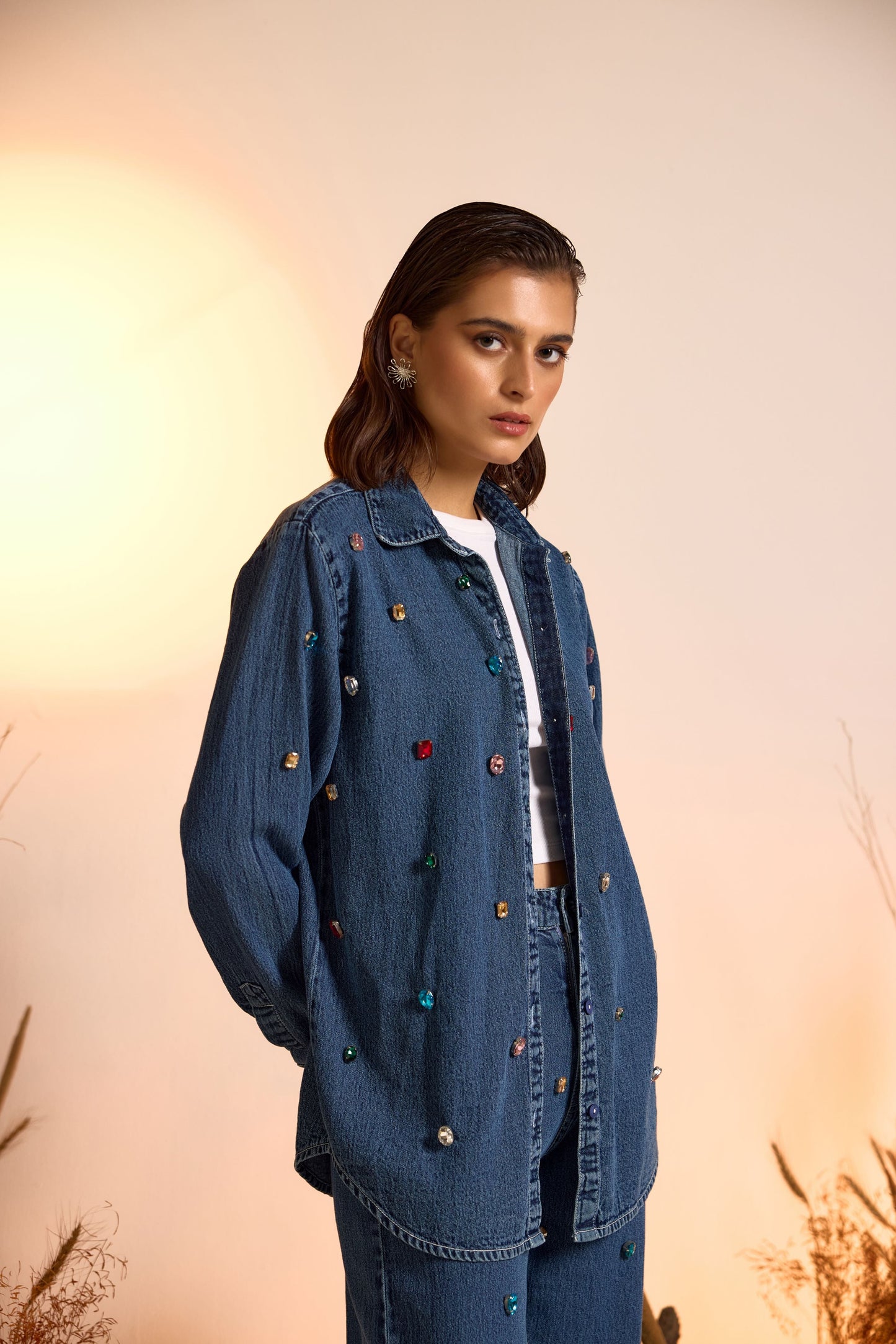 Crystal Studded Denim Shirt & Jeans Set