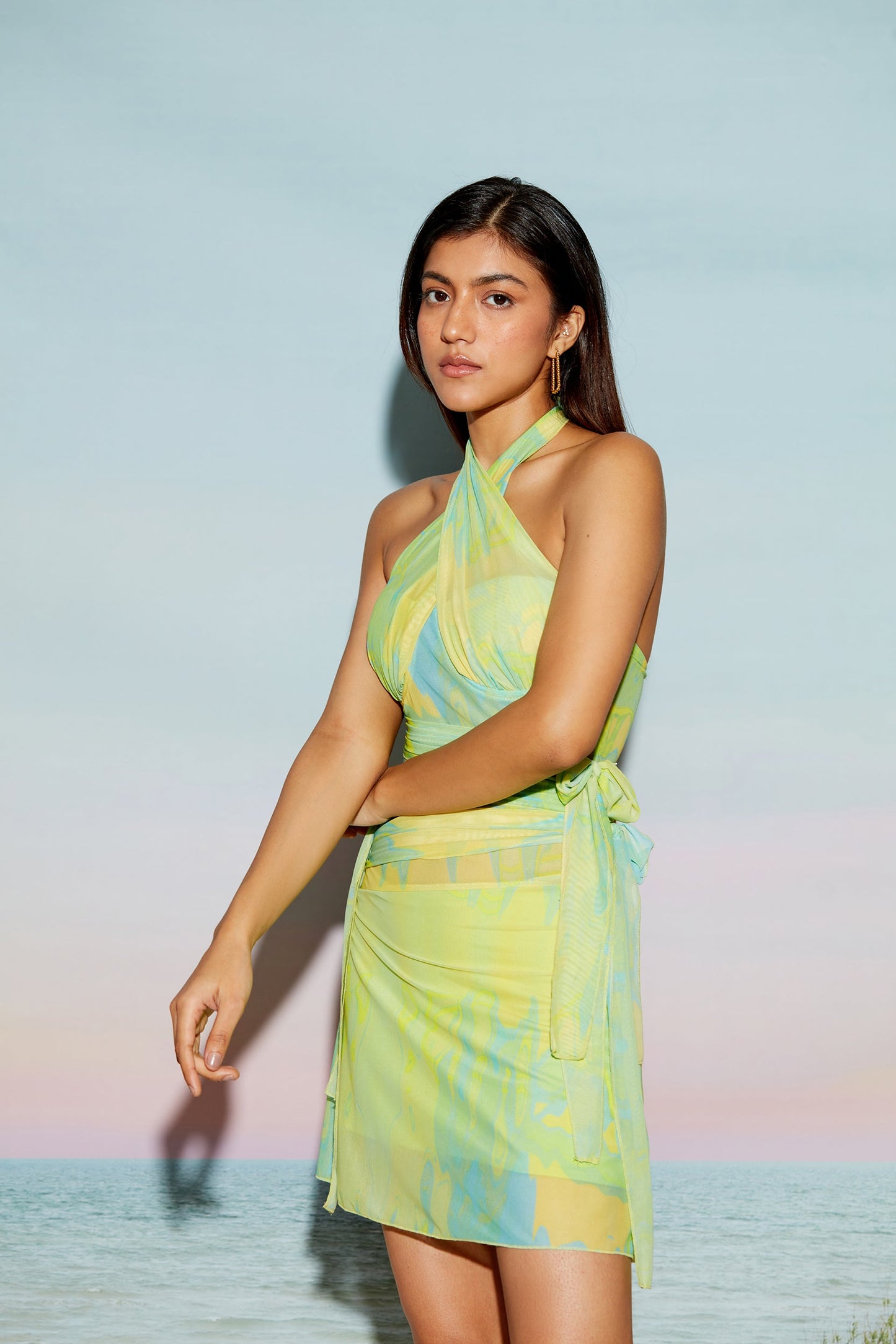 Green Halter Neck Mesh Bandage Dress