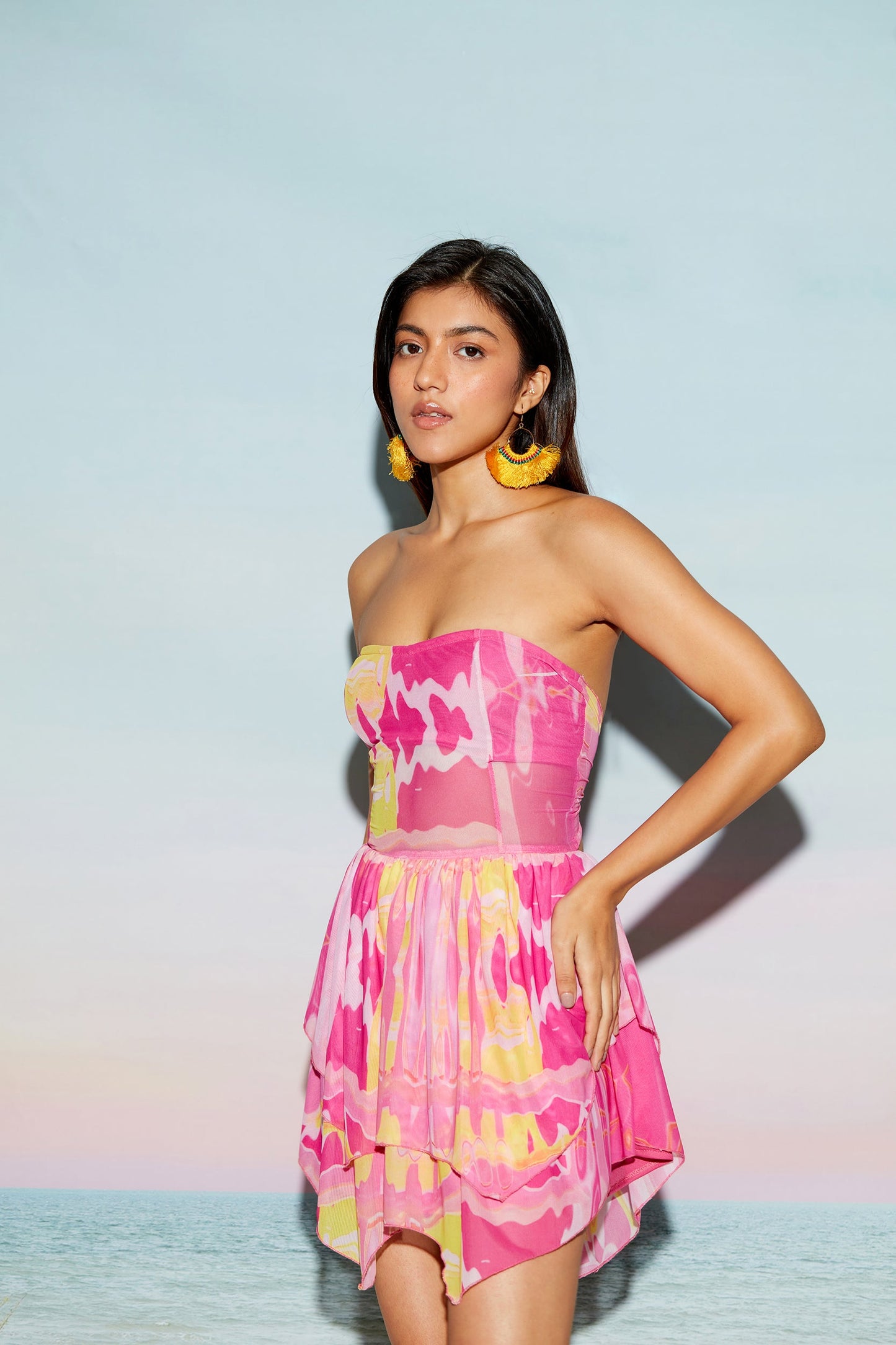 Pink Tiered Mini Dress with Back Tie Up