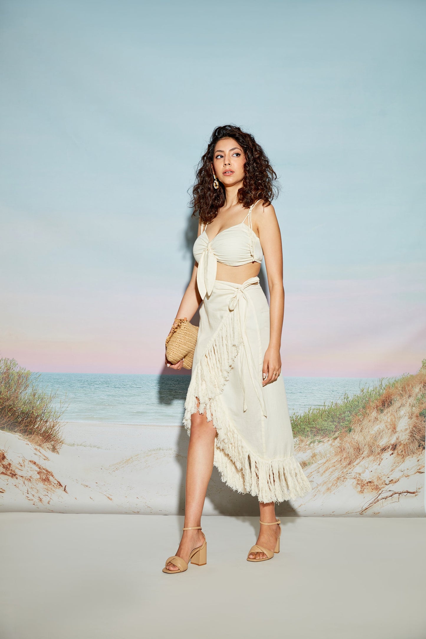 Front Knot Bow Top and Wrap Skirt Set