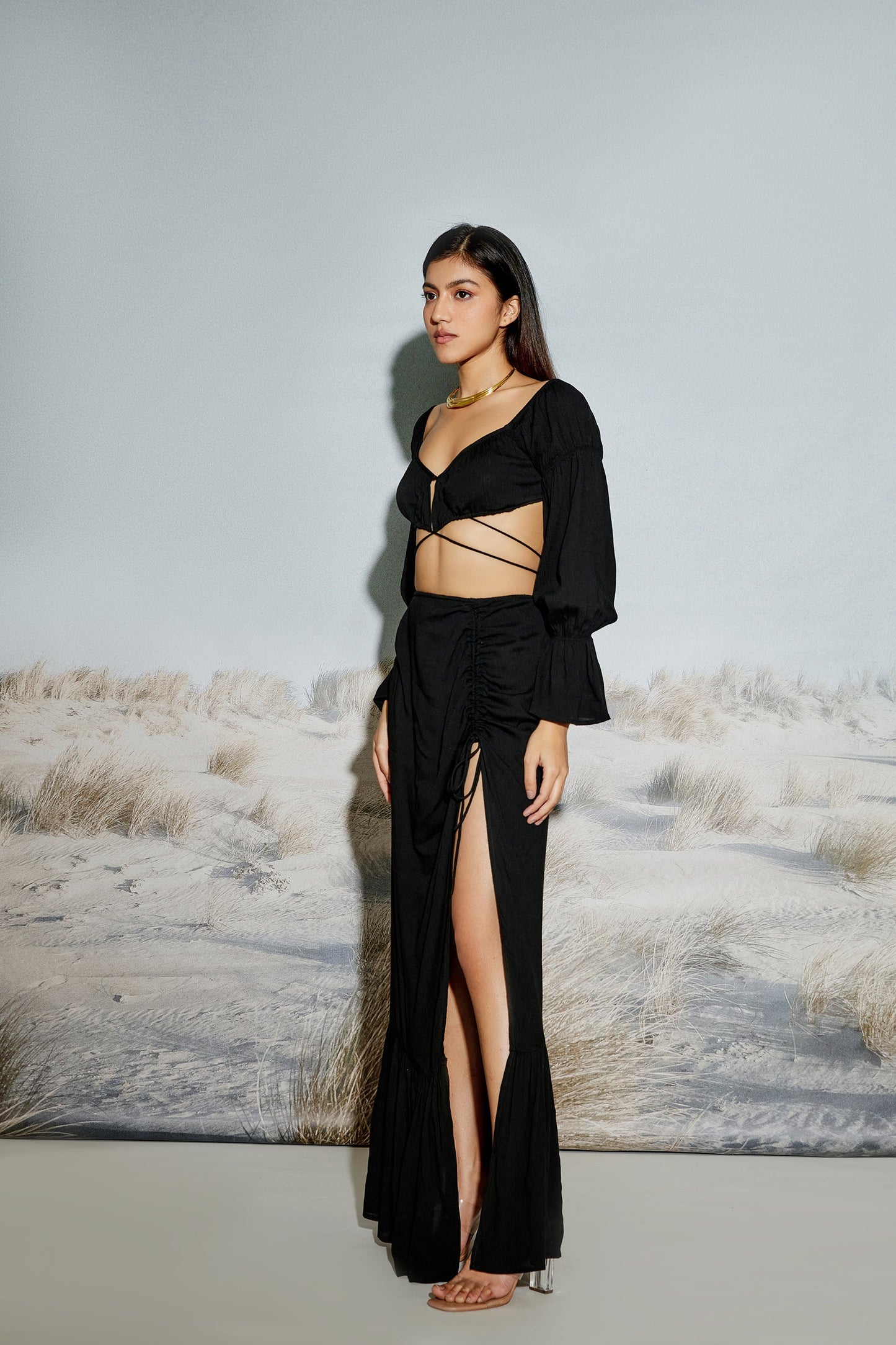 Off Shoulder Crop Top and Maxi Skirt Set