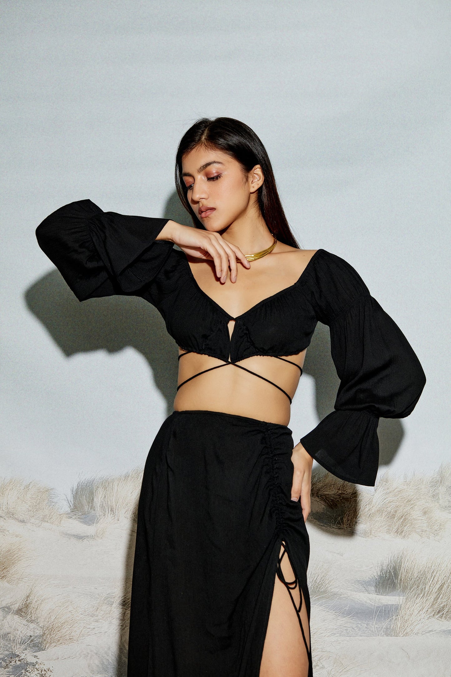 Off Shoulder Crop Top and Maxi Skirt Set