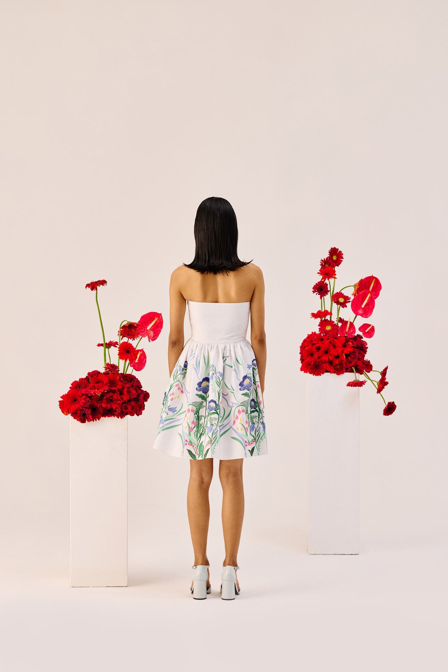 White Floral Linen Strapless Mini Dress