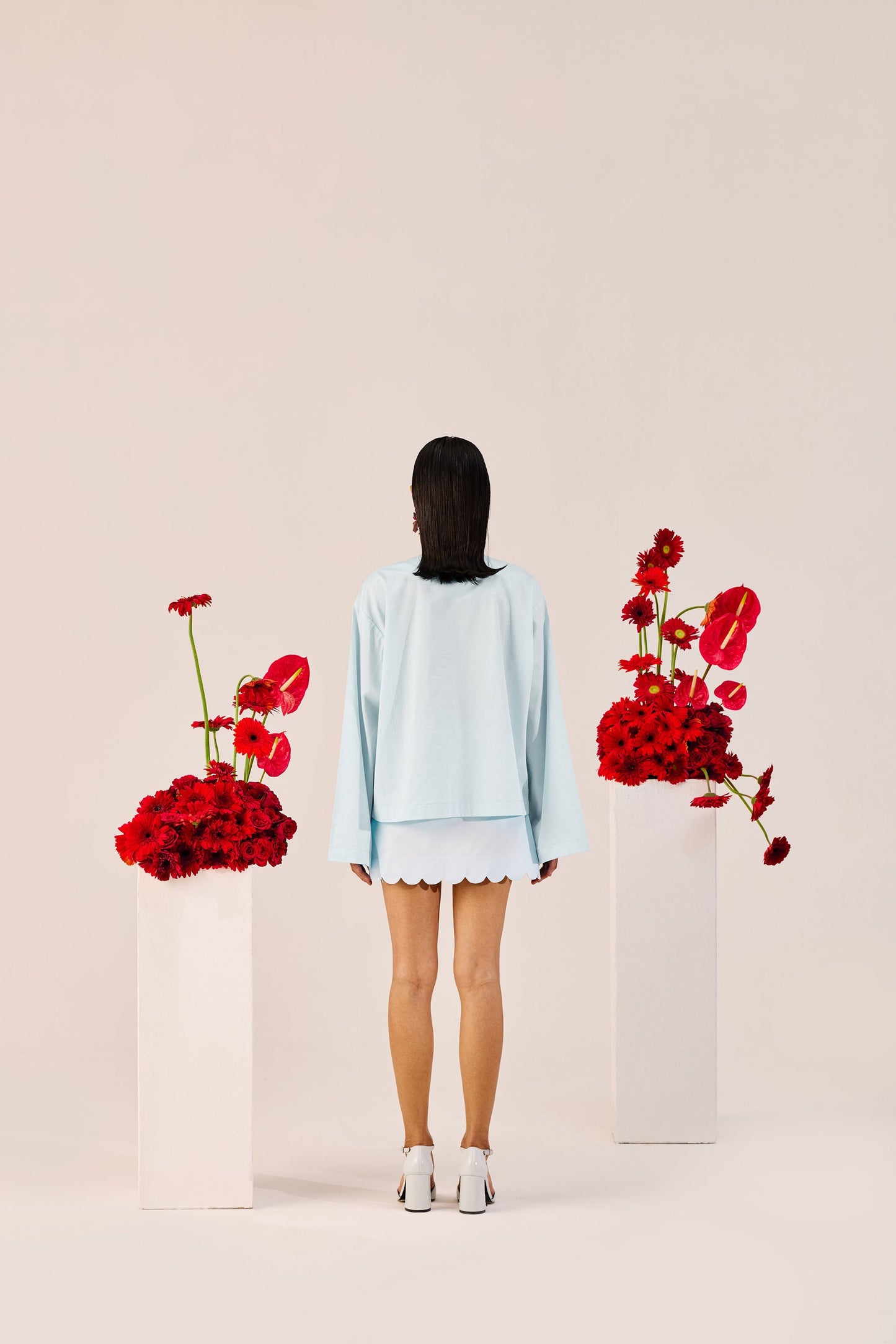 Printed Sky Blue Top with Flared Sleeves