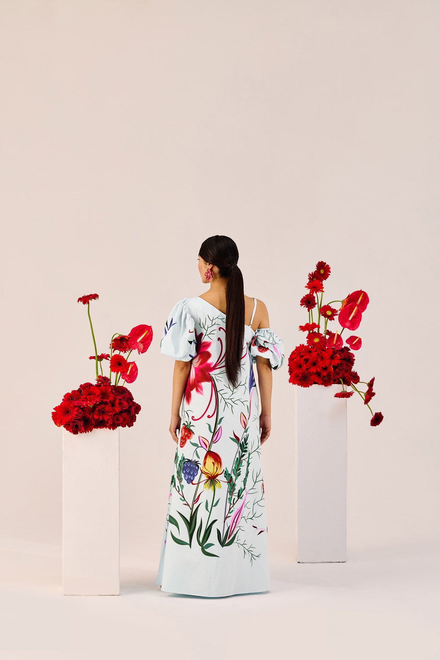 Ice Blue Floral One-Shoulder Maxi Dress – Statement Puff Sleeve