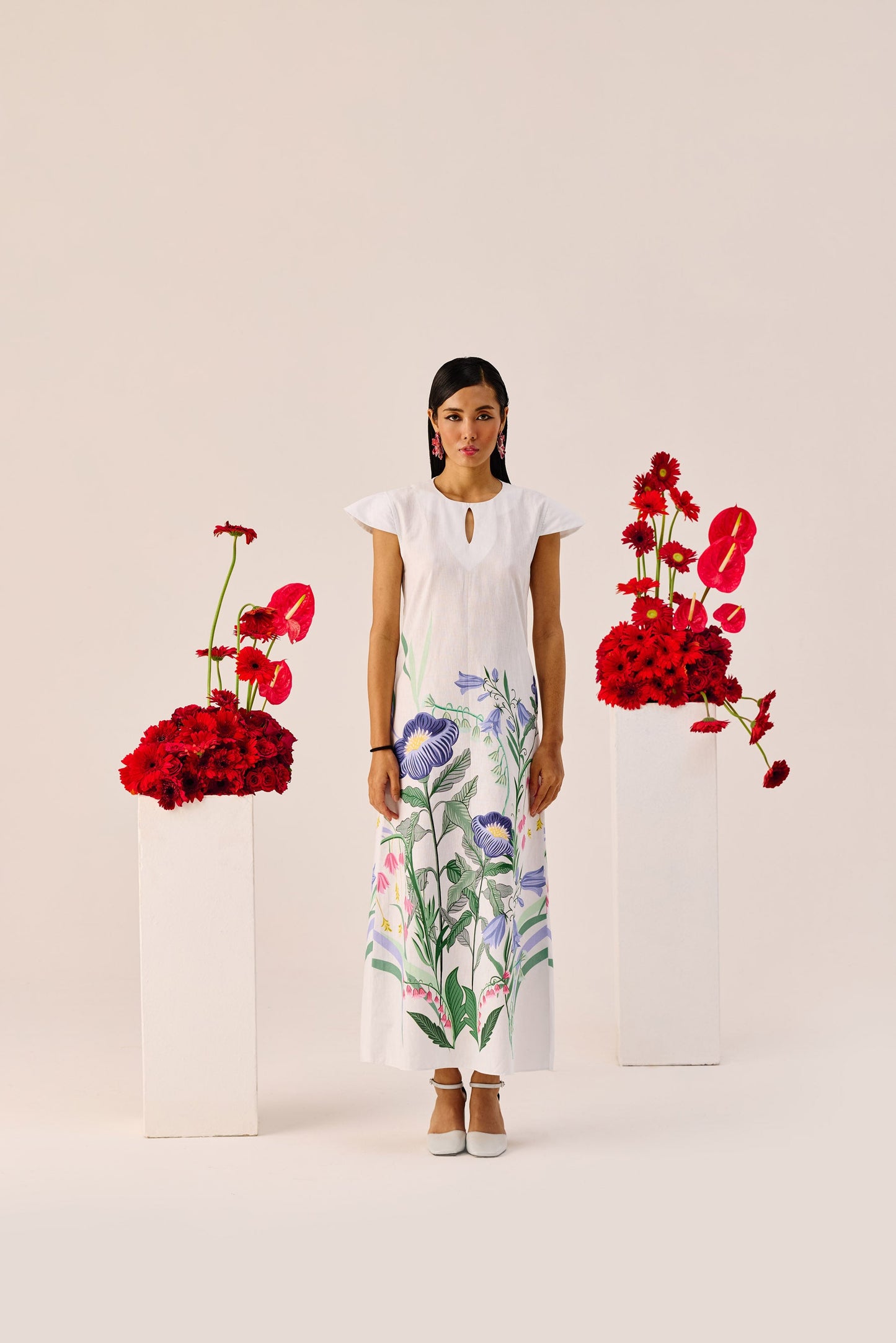 White Floral Flutter-Sleeve Maxi Dress