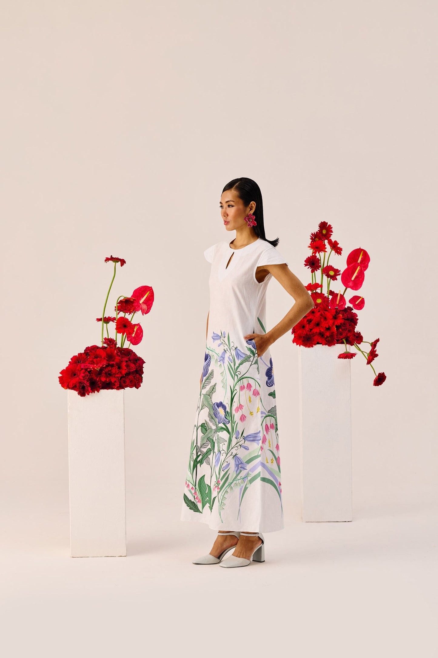 White Floral Flutter-Sleeve Maxi Dress