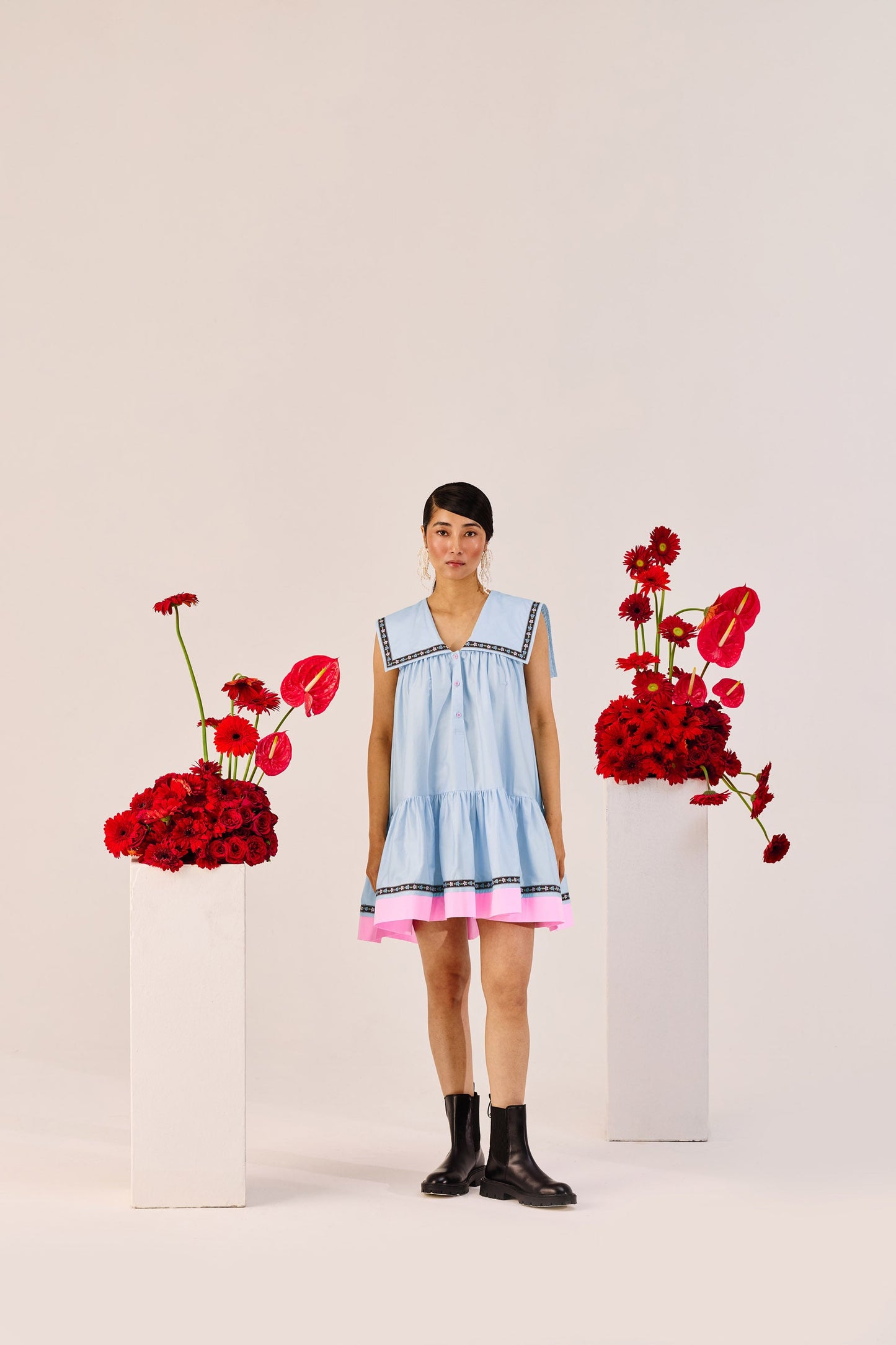 Pastel Blue A-Line Mini Dress with Pink Contrast Hem
