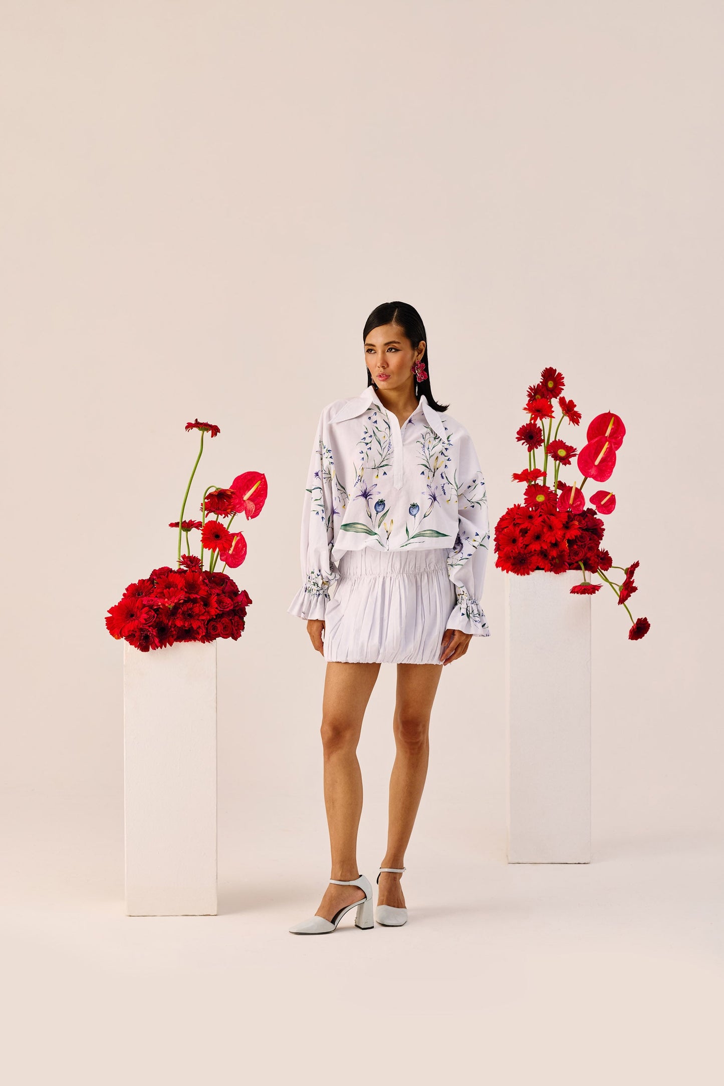 White Floral Embroidered Balloon Mini Dress