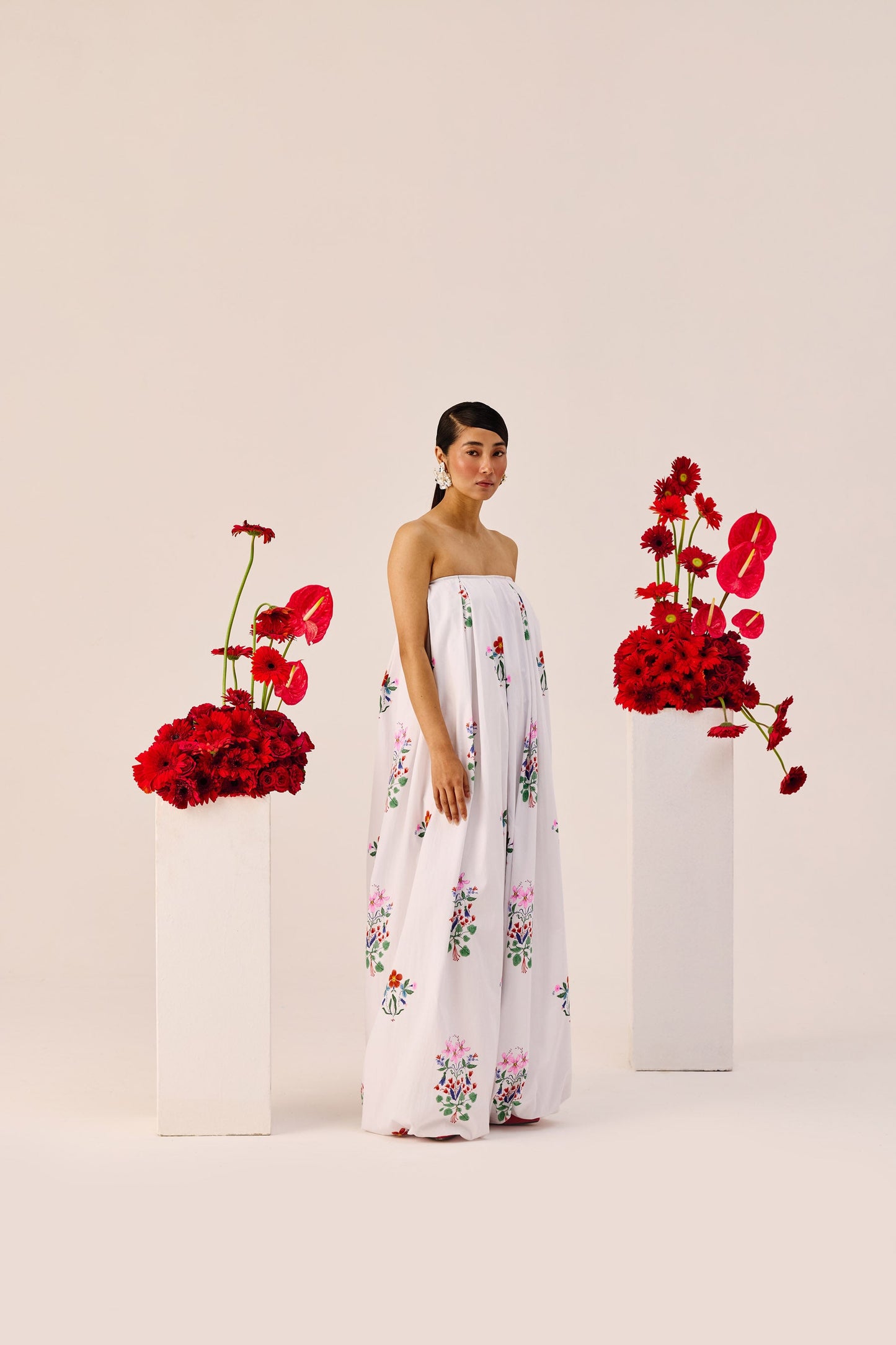 White Floral Wide Leg Strapless Jumpsuit