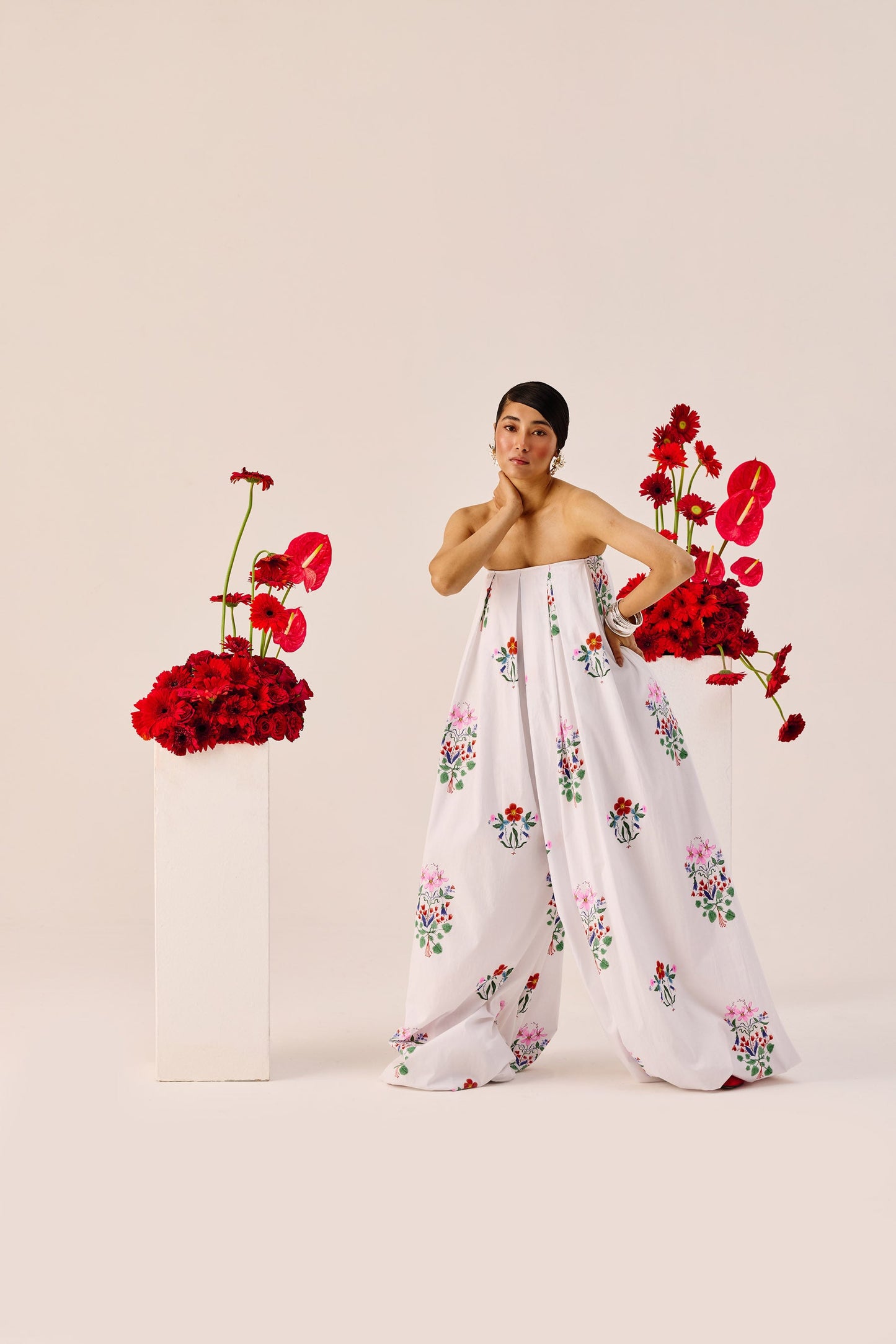 White Floral Wide Leg Strapless Jumpsuit