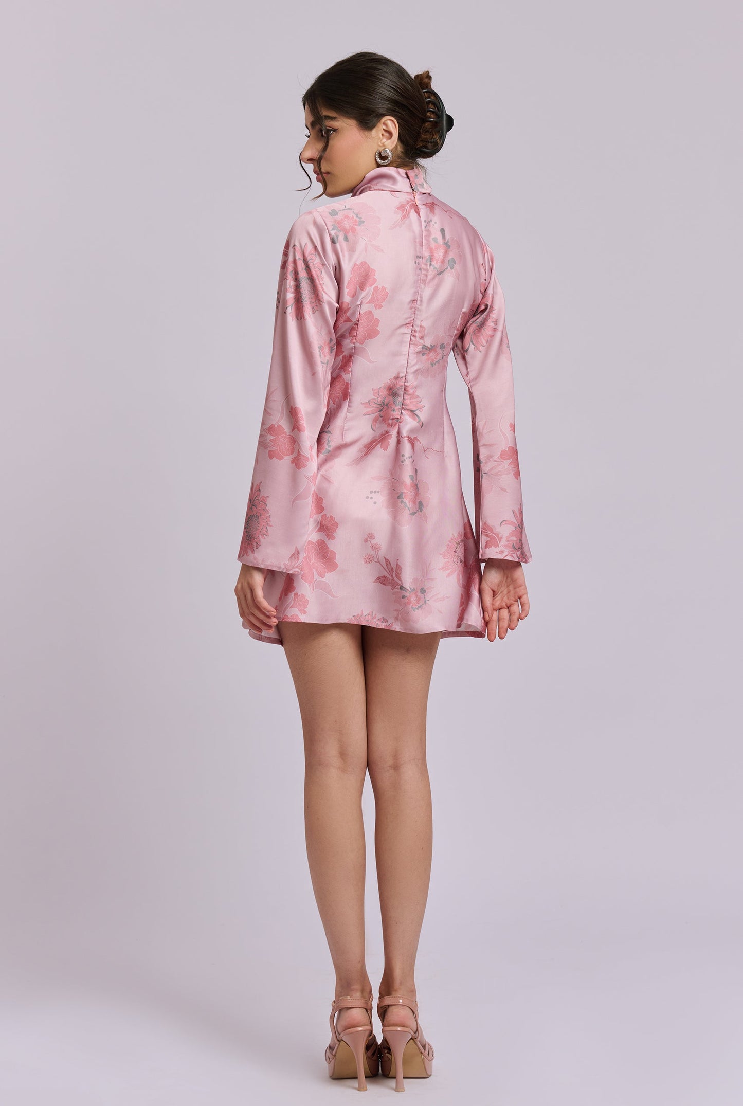 Iris Pink Flower Print Full Sleeve Short Dress with a Criss Cross Collar