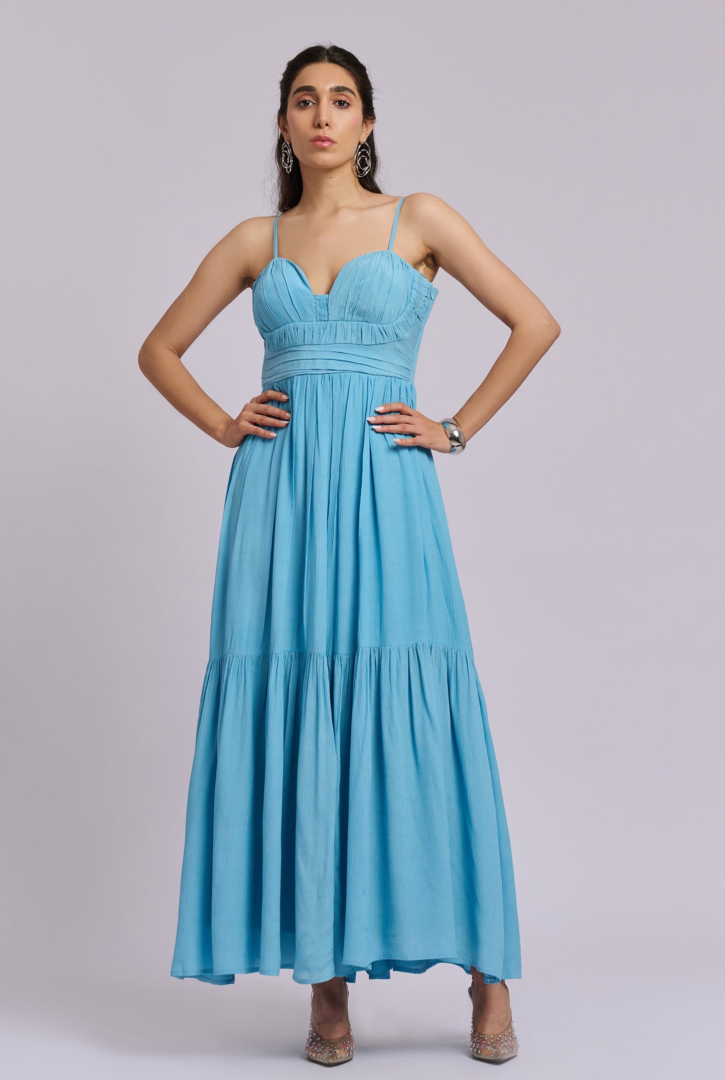Elara Blue Strappy Pleated Flowy Maxi Dress