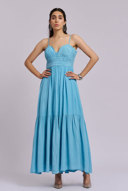 Elara Blue Strappy Pleated Flowy Maxi Dress
