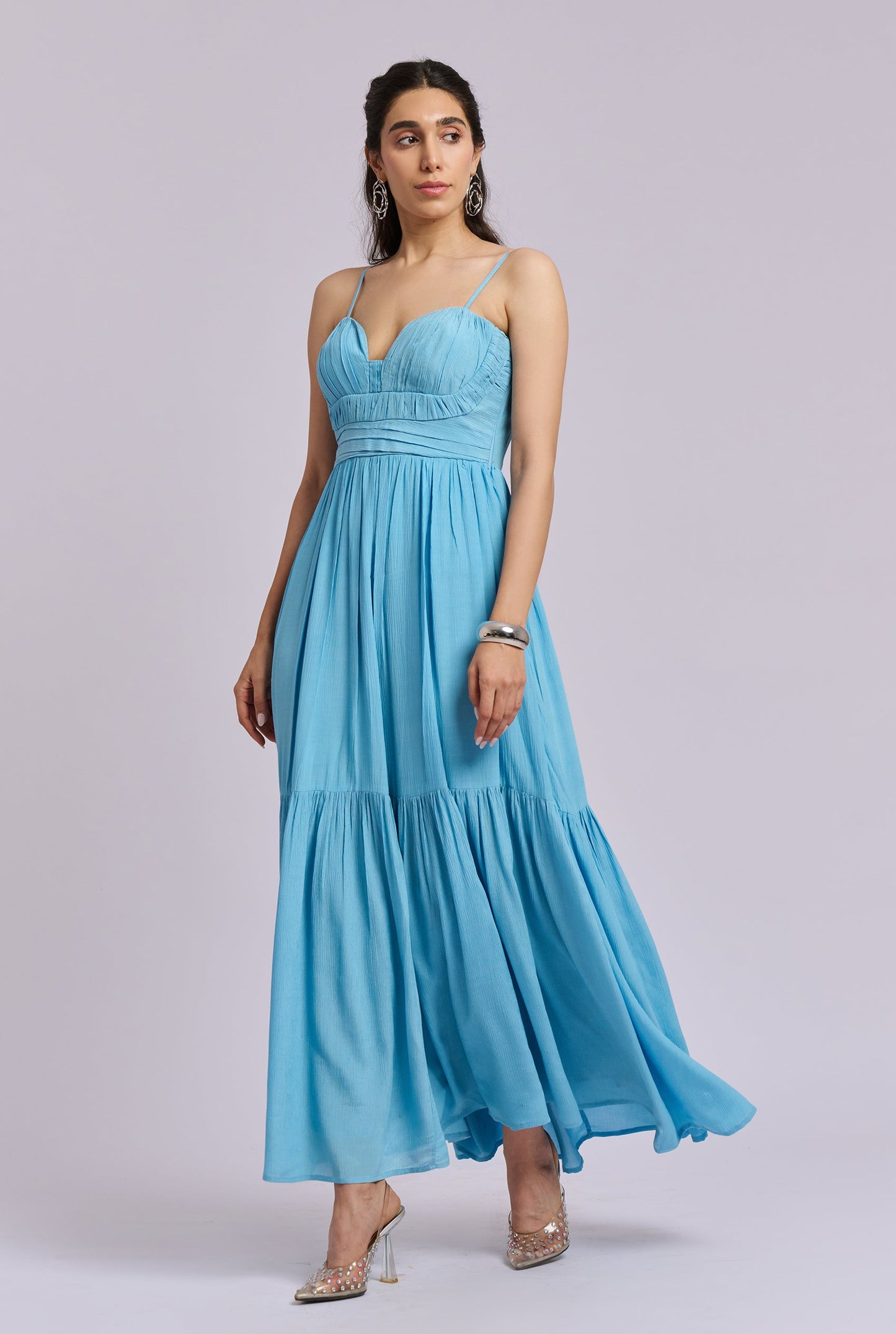 Elara Blue Strappy Pleated Flowy Maxi Dress