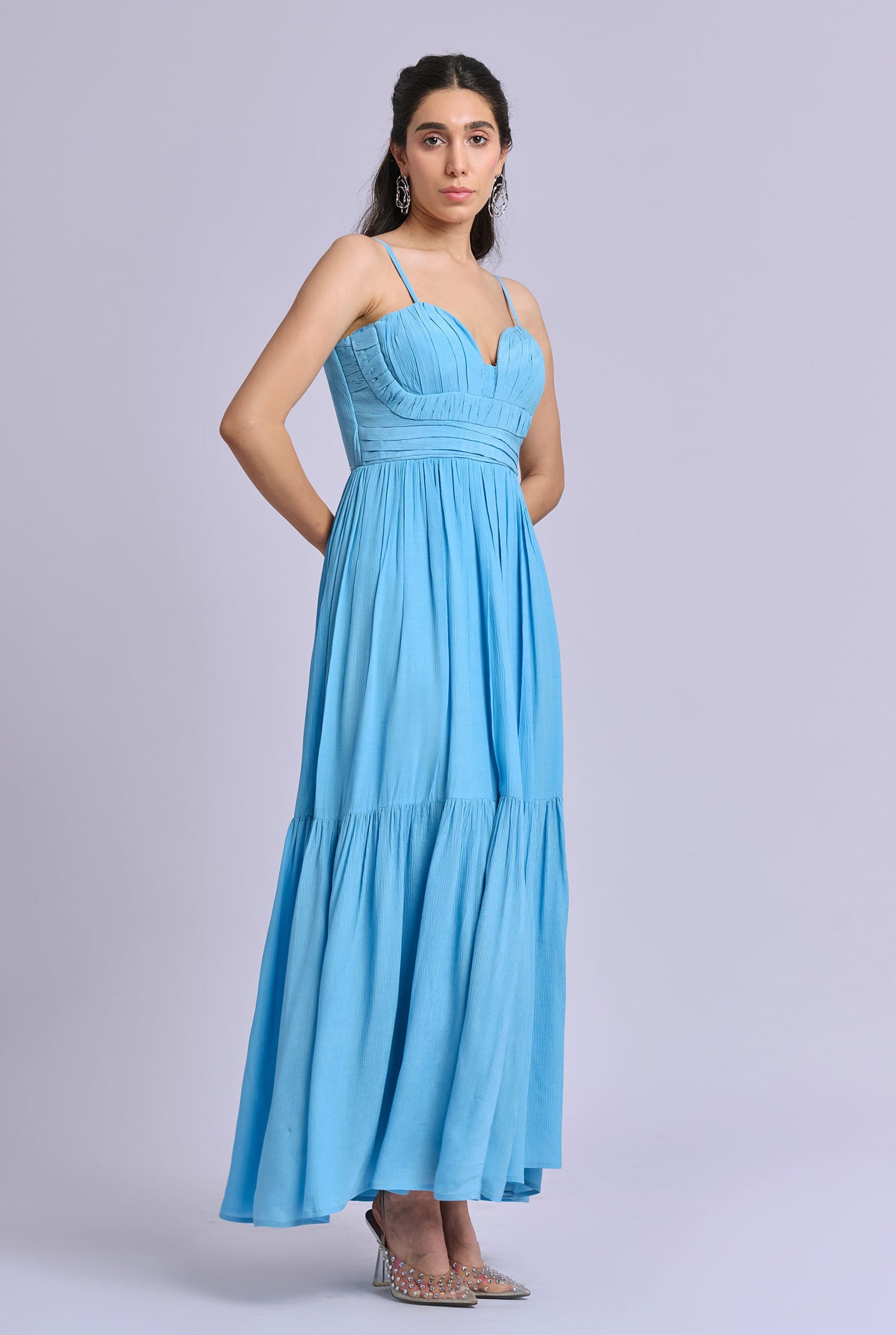 Elara Blue Strappy Pleated Flowy Maxi Dress