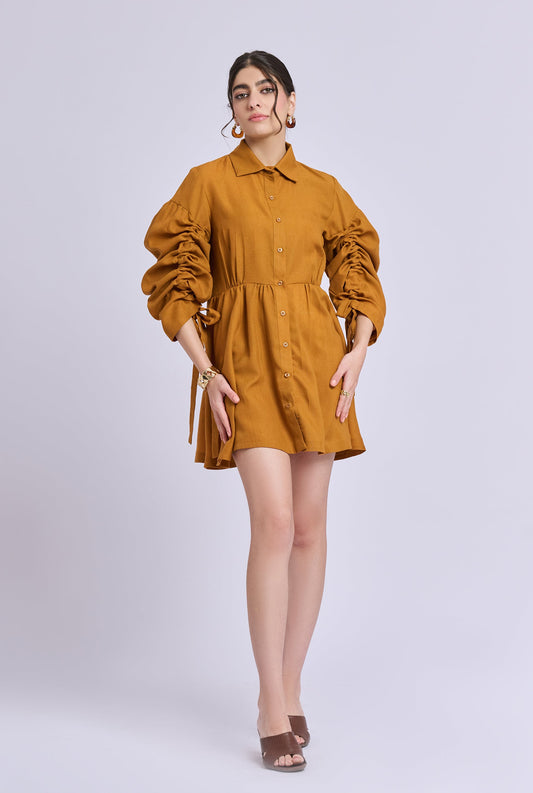 Sydnie Brown Dress with Gathered Sleeves