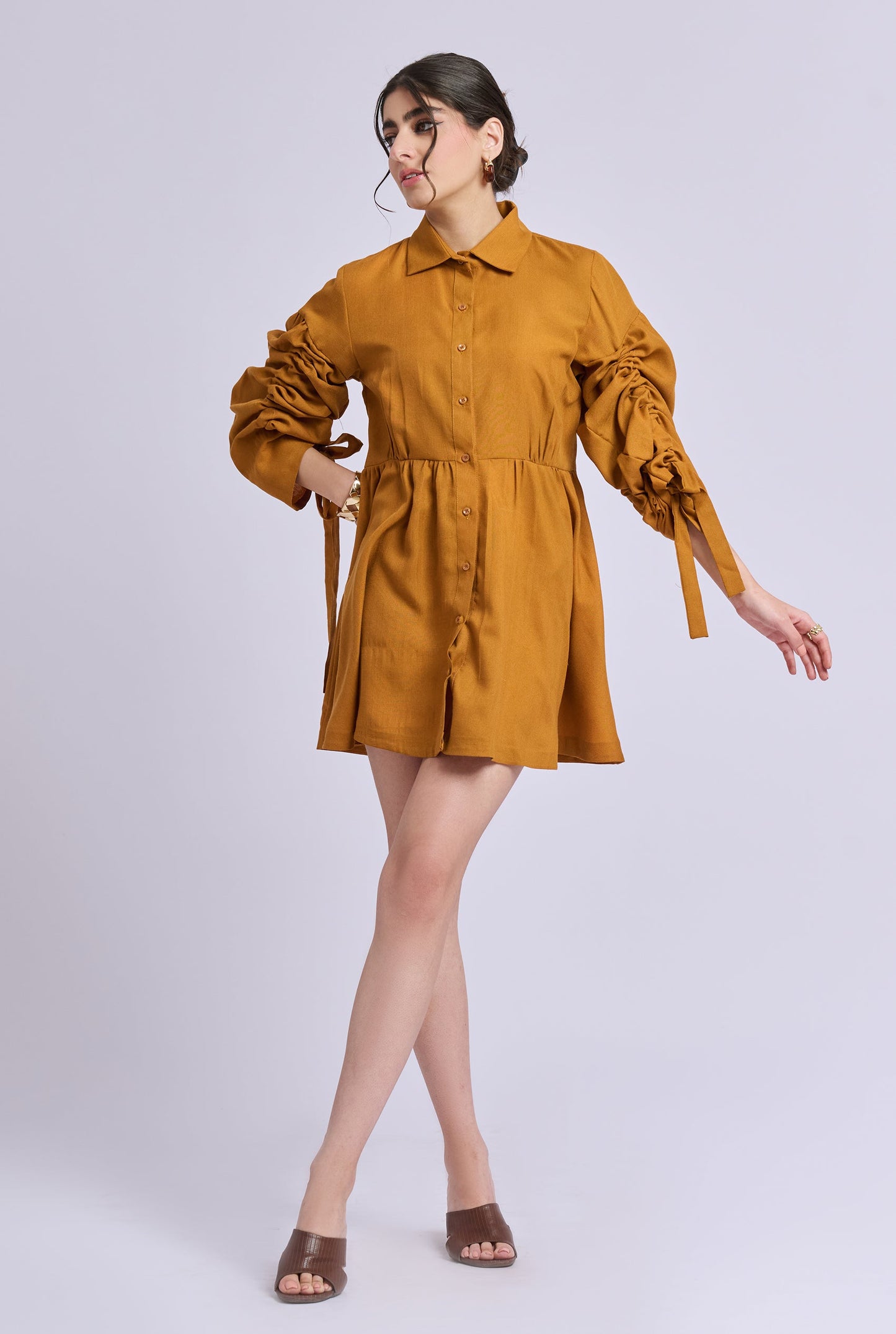 Sydnie Brown Dress with Gathered Sleeves