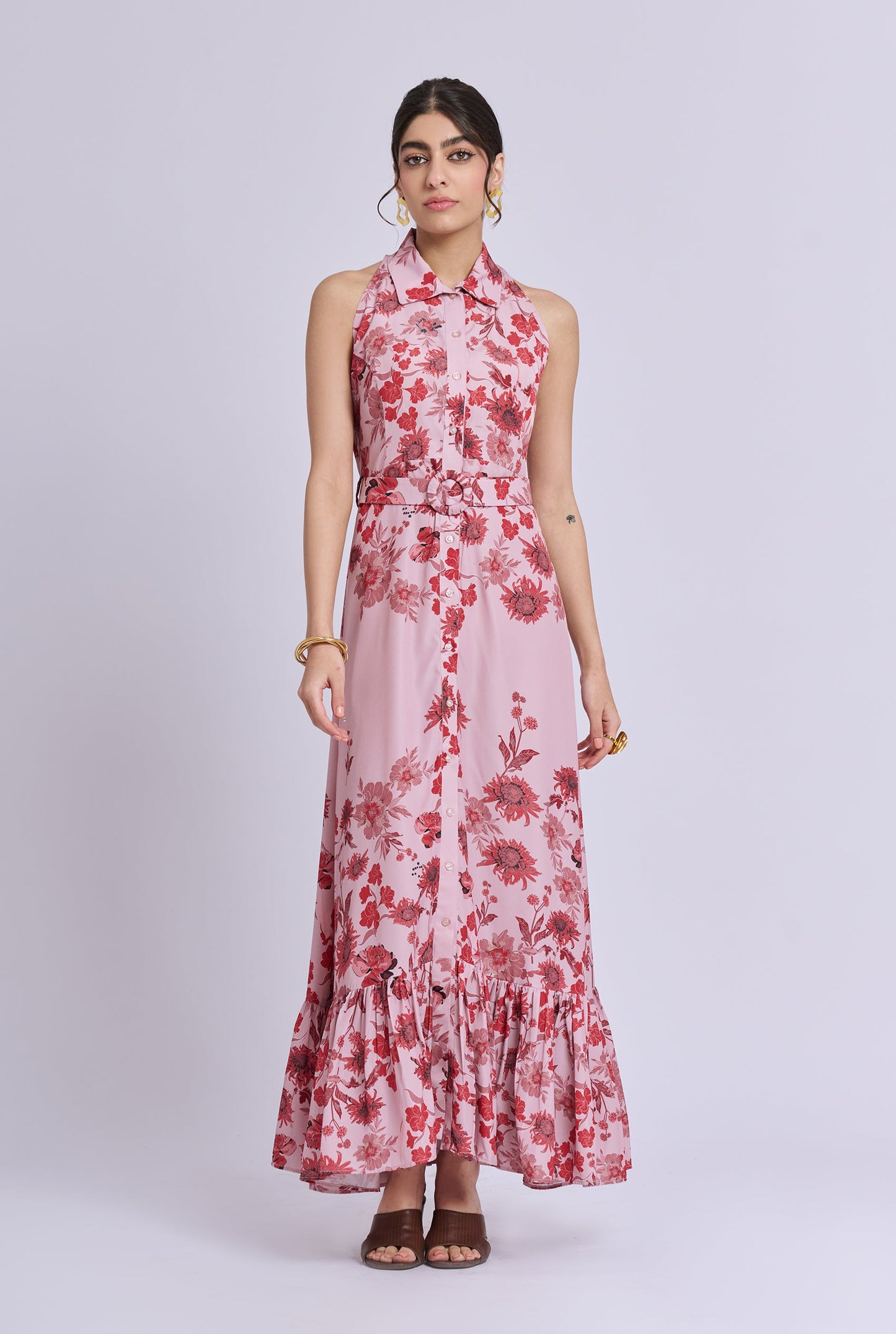 Roselle Pink Flower Print Shirt Collar Sleeveless Maxi Dress with Belt