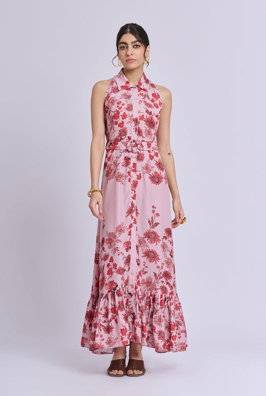 Roselle Pink Flower Print Shirt Collar Sleeveless Maxi Dress with Belt