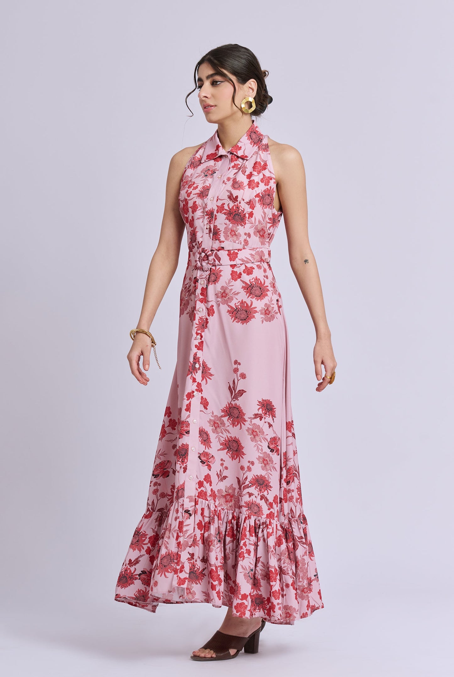 Roselle Pink Flower Print Shirt Collar Sleeveless Maxi Dress with Belt