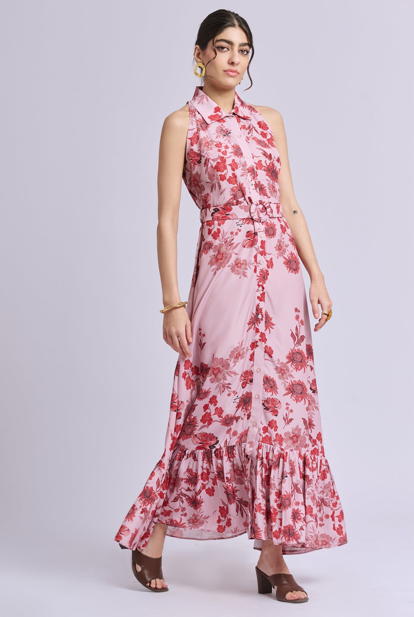Roselle Pink Flower Print Shirt Collar Sleeveless Maxi Dress with Belt