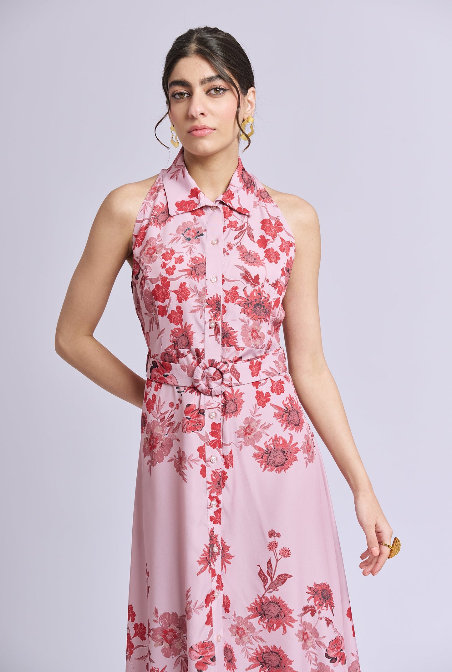 Roselle Pink Flower Print Shirt Collar Sleeveless Maxi Dress with Belt