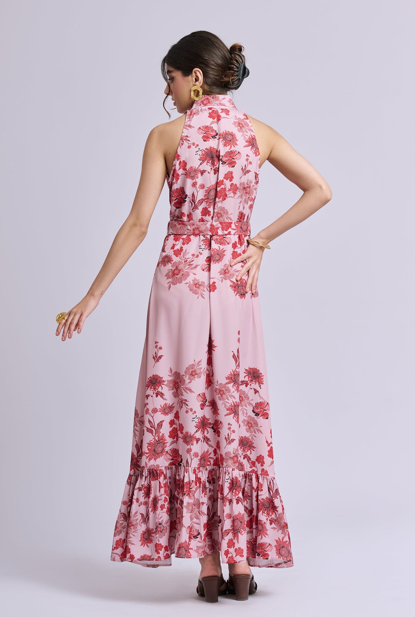 Roselle Pink Flower Print Shirt Collar Sleeveless Maxi Dress with Belt
