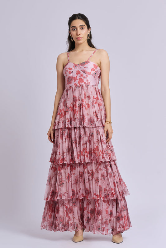 Coredelia Pink Flower Print Ruffle Maxi Dress