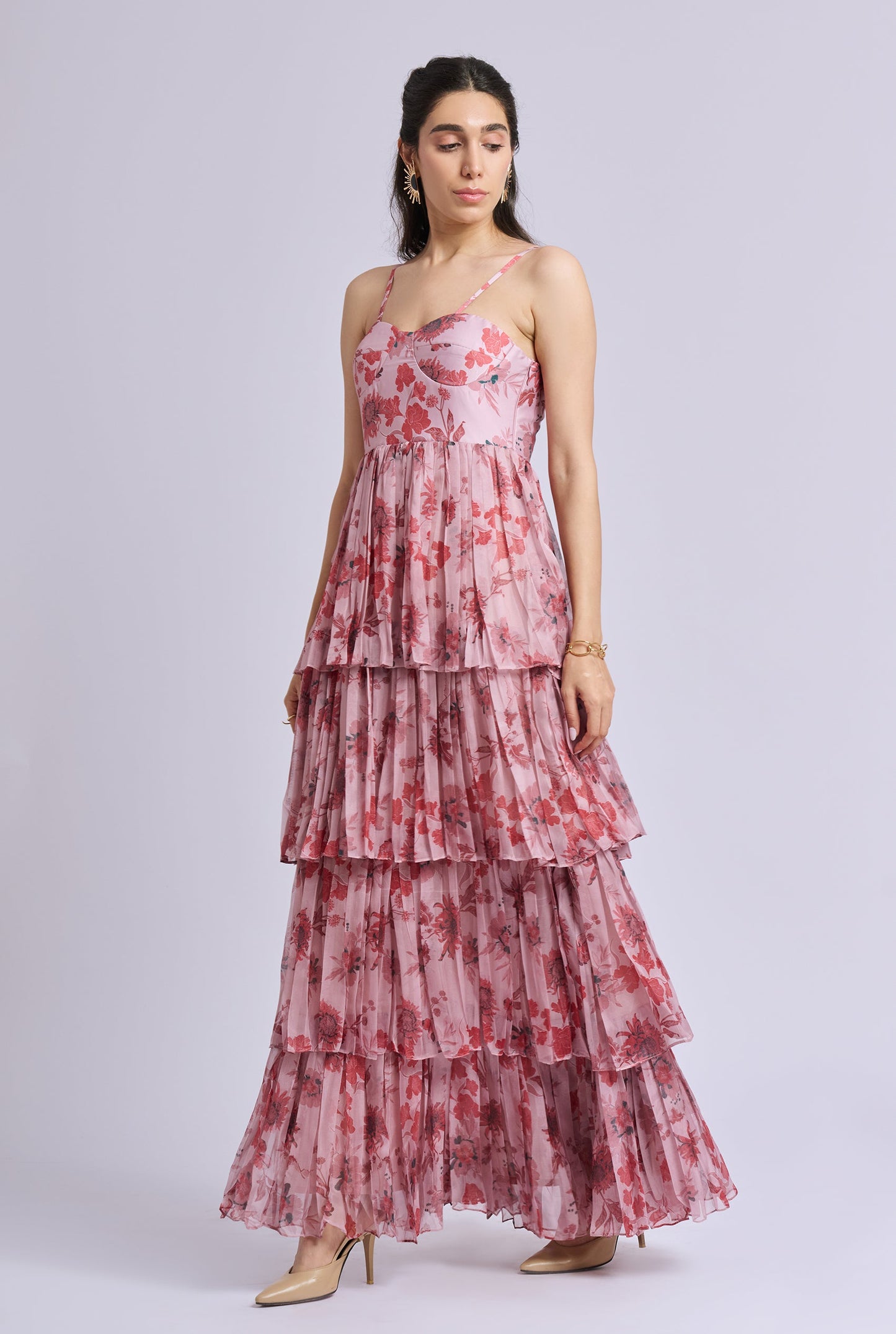Coredelia Pink Flower Print Ruffle Maxi Dress