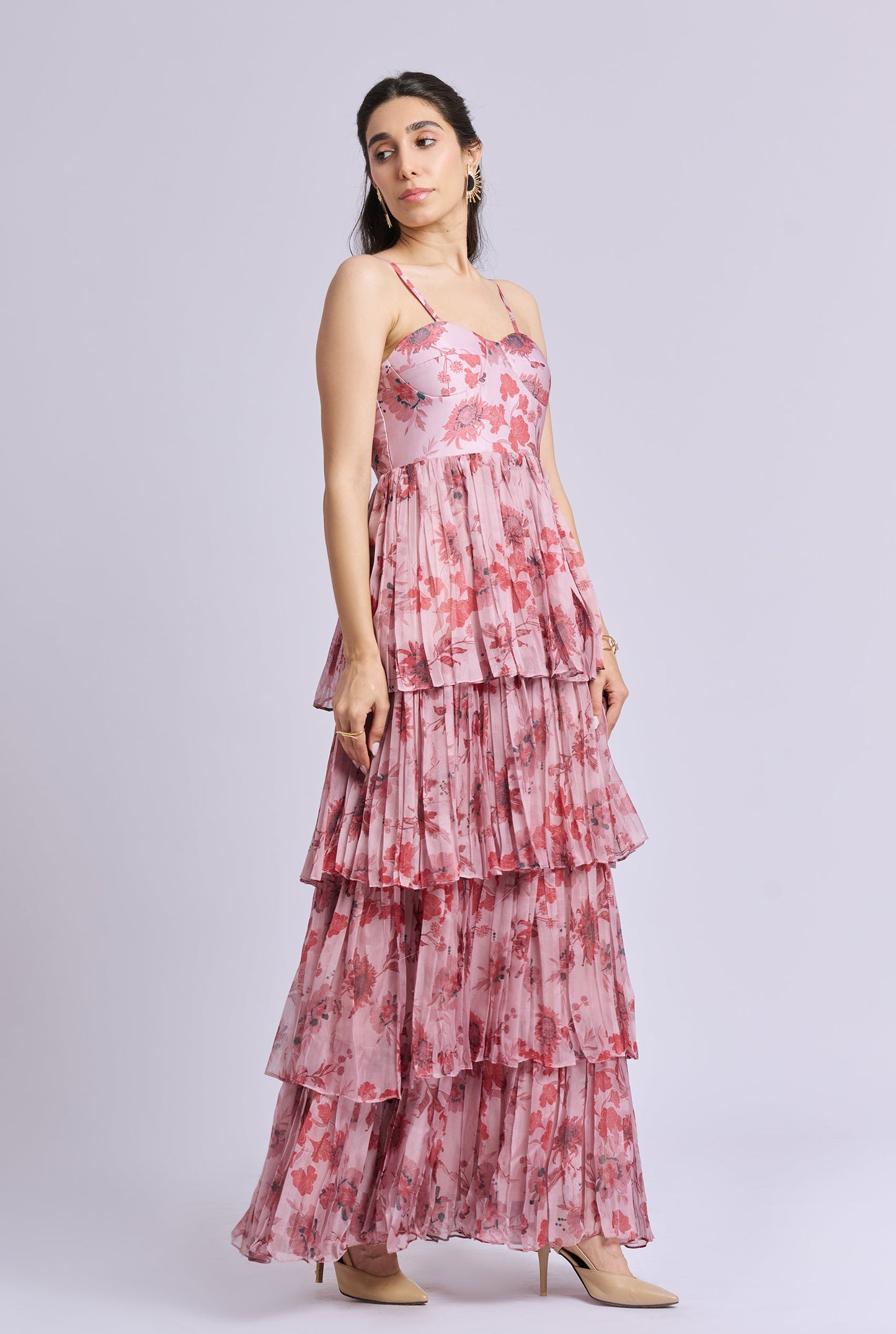 Coredelia Pink Flower Print Ruffle Maxi Dress