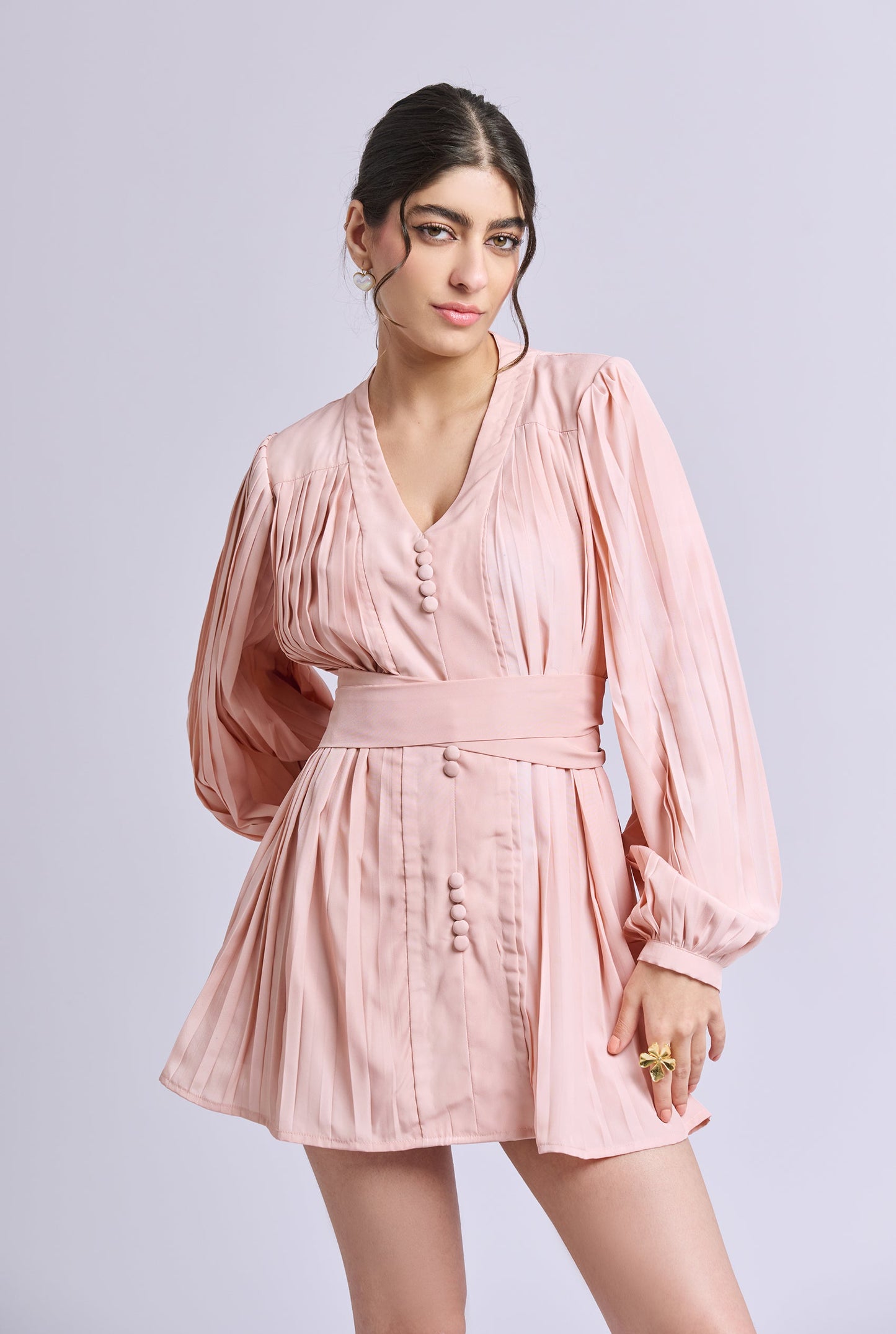 Jenny Soft Pleated Baby Pink Balloon Sleeve Dress