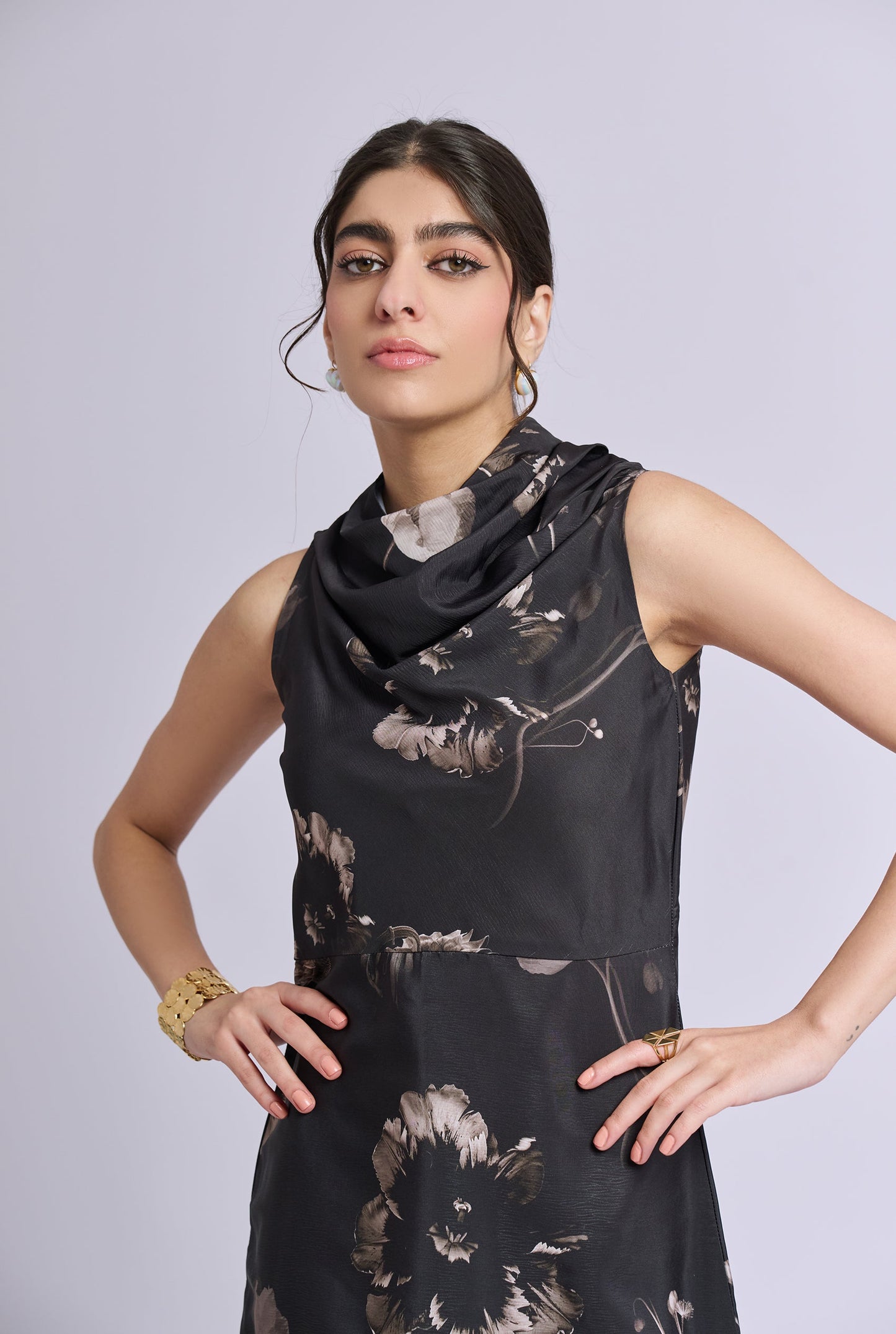 Valencia Black & Gold Sleeveless Cowl Neck Dress