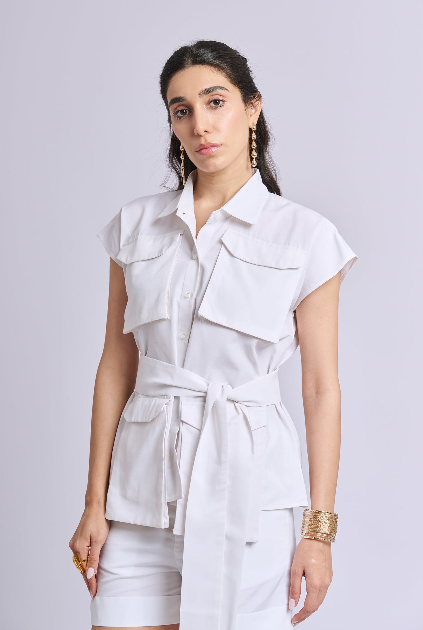 Easebelt White Oversized Three Piece Co-ord Set with Big Pockets and shorts