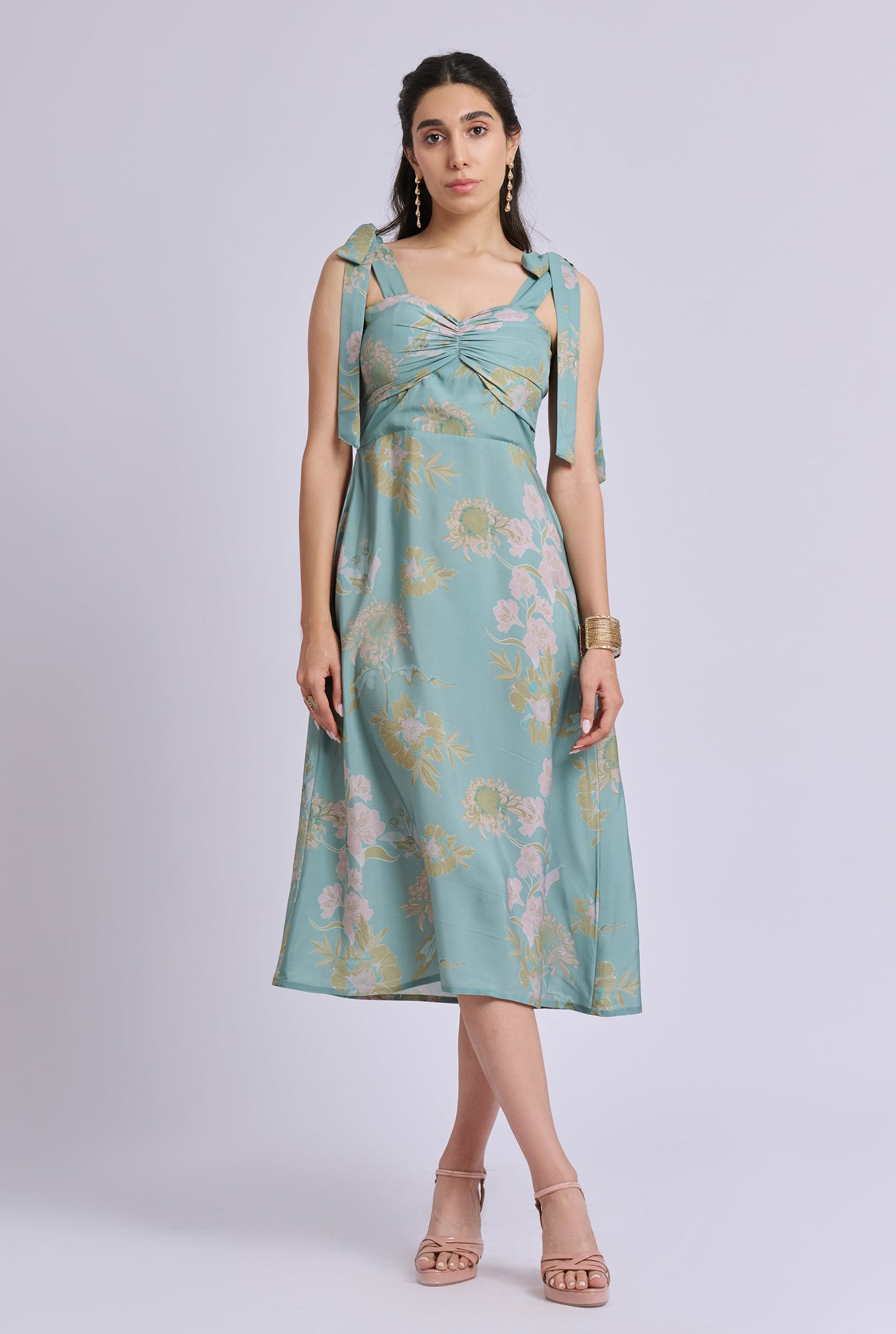Edith Strappy Green and Pink flower Print Midi dress with Tie up Detailing