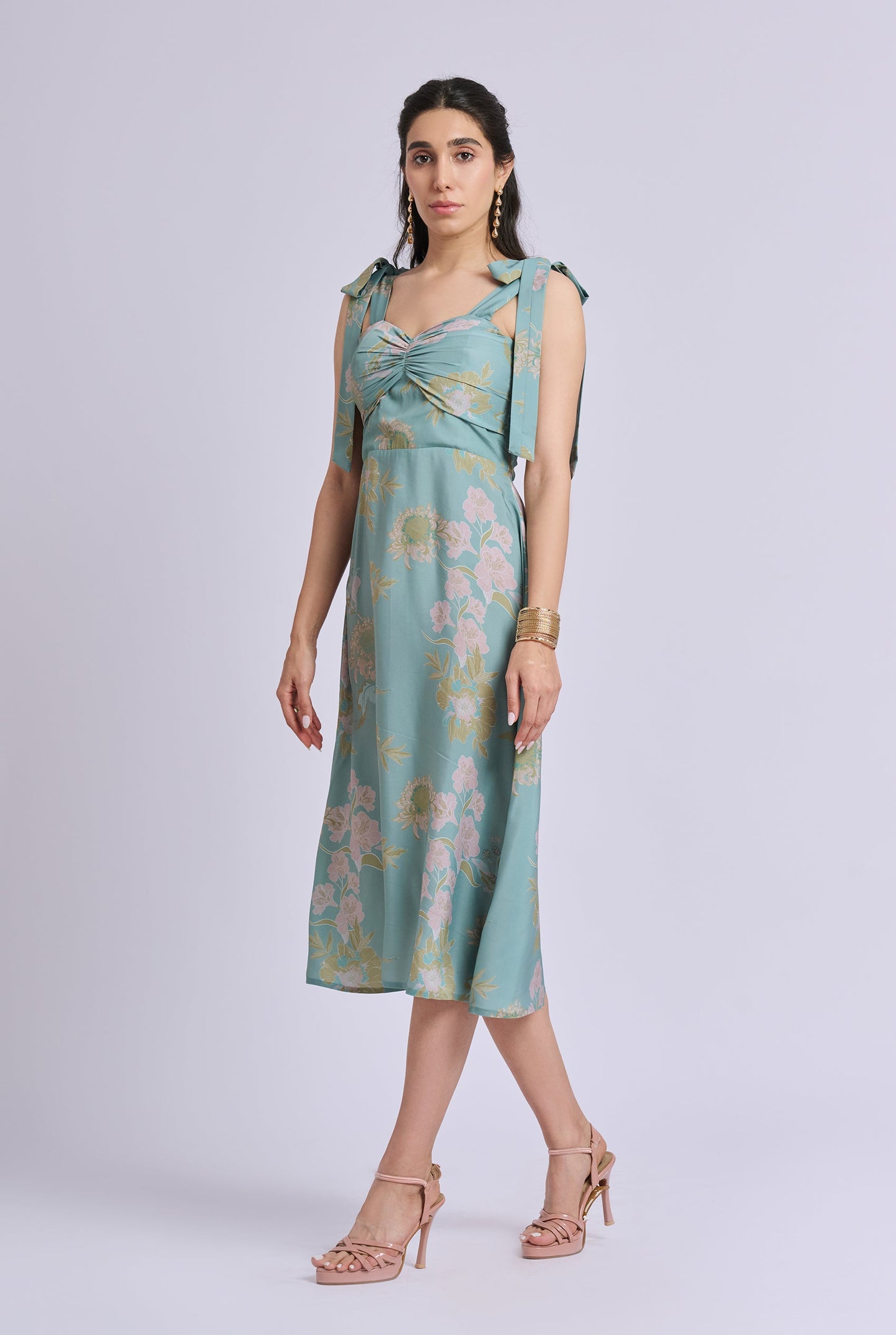 Edith Strappy Green and Pink flower Print Midi dress with Tie up Detailing