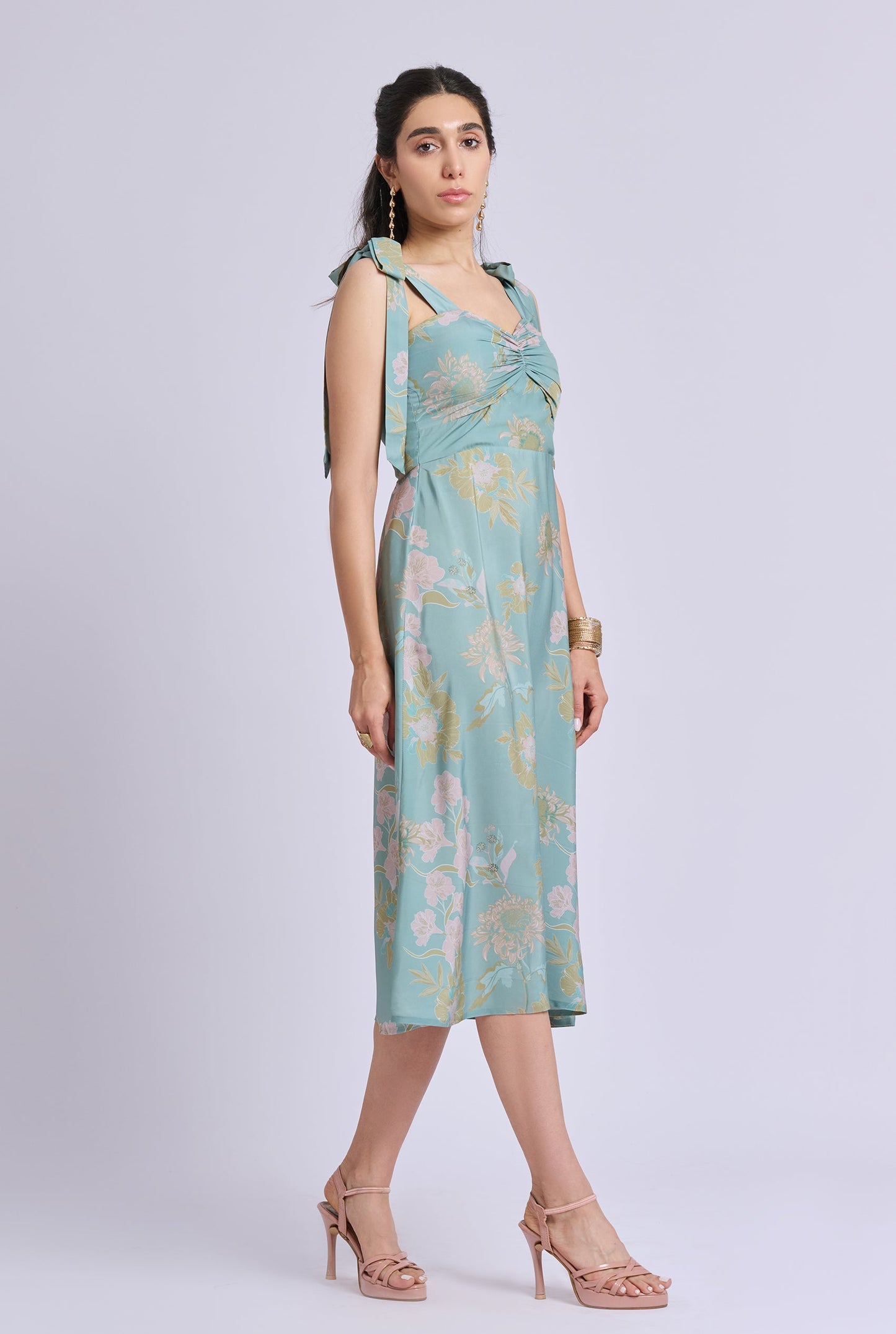 Edith Strappy Green and Pink flower Print Midi dress with Tie up Detailing